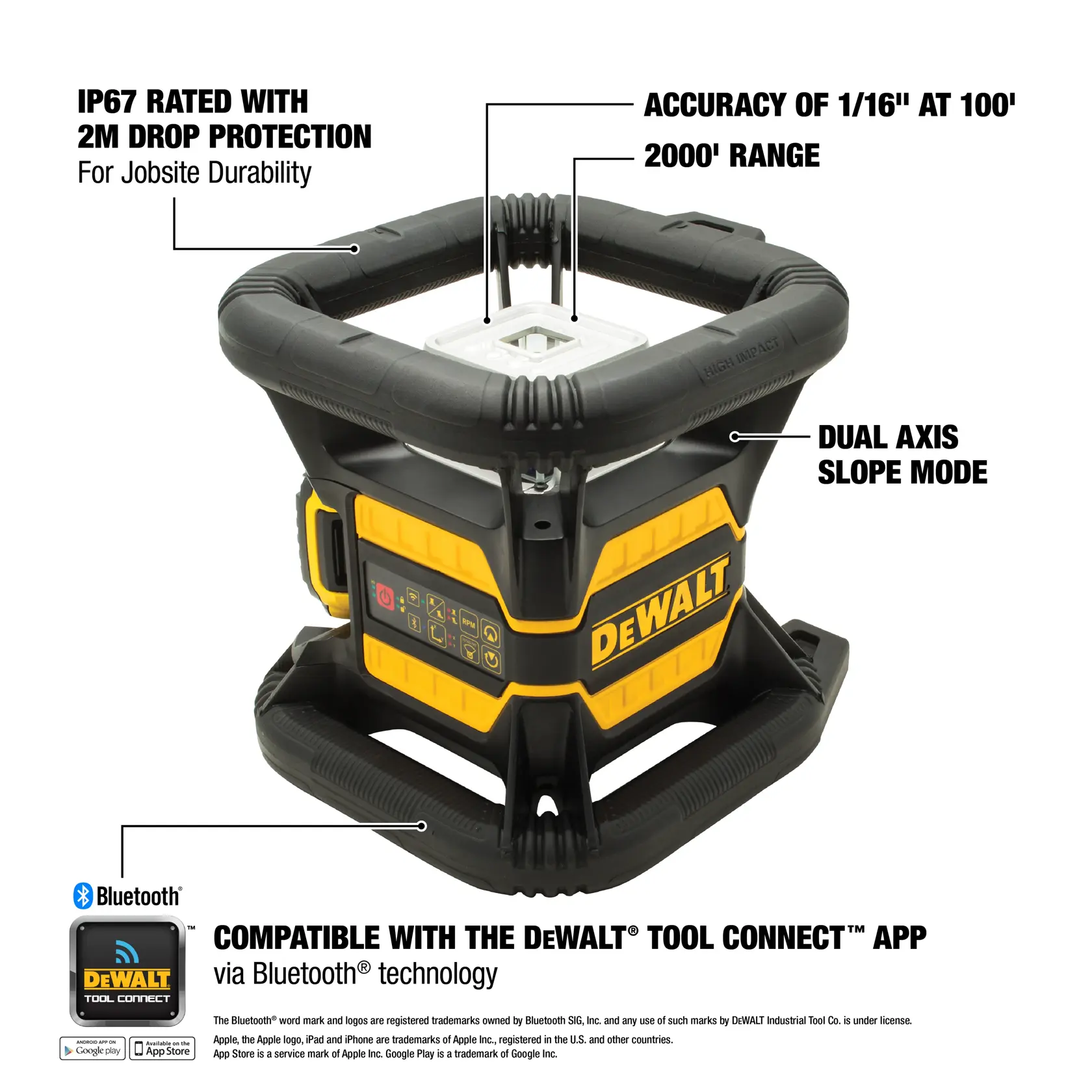 A DEWALT DW080LRS rotary laser level mounted on a tripod at a construction site, with a worker in a yellow hard hat and high-visibility vest using a measuring staff in the background.