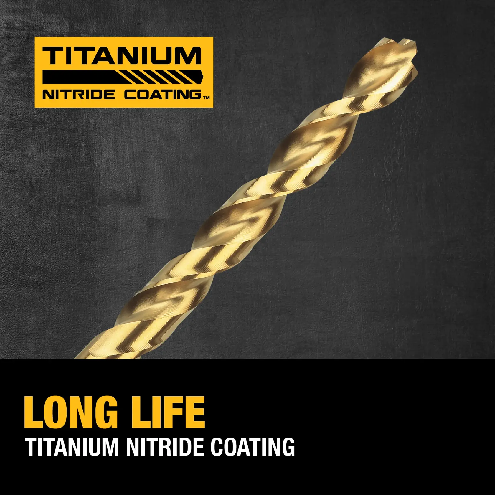 A promotional graphic showing a gold-colored drill bit with titanium nitride coating. The image highlights the drill bit with text that says 'LONG LIFE TITANIUM NITRIDE COATING' and a yellow label that reads 'TITANIUM NITRIDE COATING'.