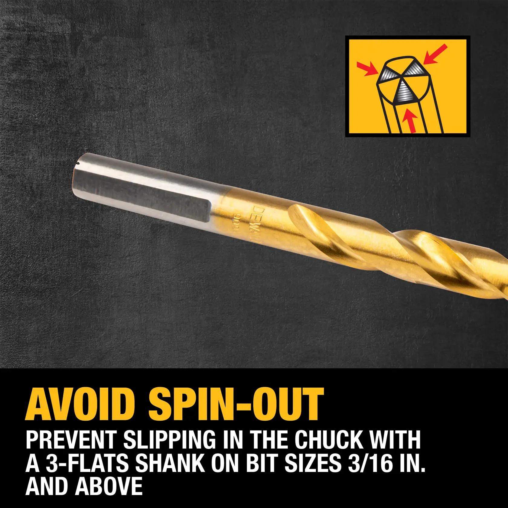 Close-up image of a DEWALT drill bit with a gold and silver finish, featuring a 3-flats shank design. A small graphic in the corner shows the shank shape with three flat sides and arrows pointing to them. The text says, 'AVOID SPIN-OUT. Prevent slipping in the chuck with a 3-flats shank on bit sizes 3/16 in. and above.'