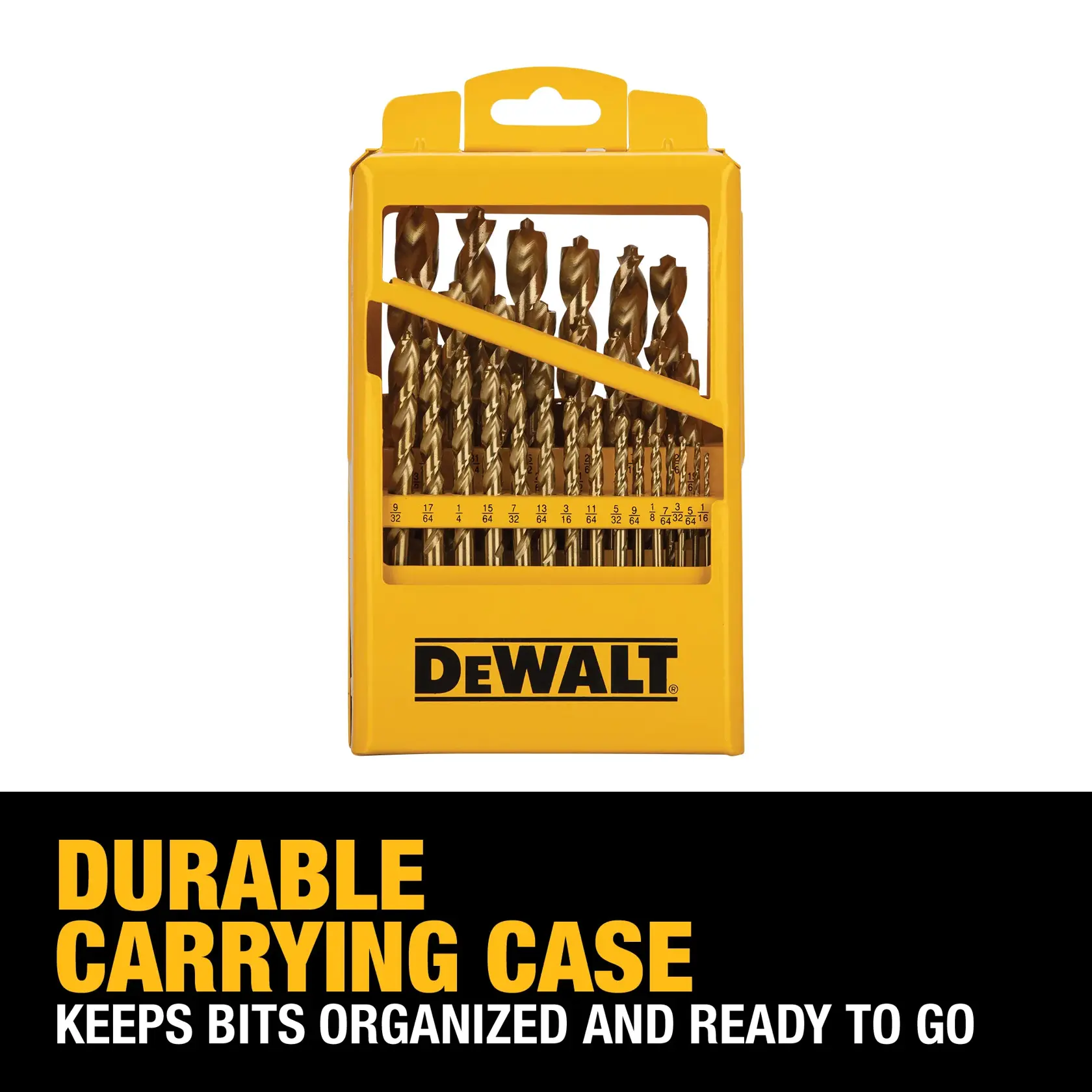 A yellow DEWALT carrying case containing a set of gold drill bits, with labeled compartments for each bit size. The text below reads 'Durable carrying case keeps bits organized and ready to go.'