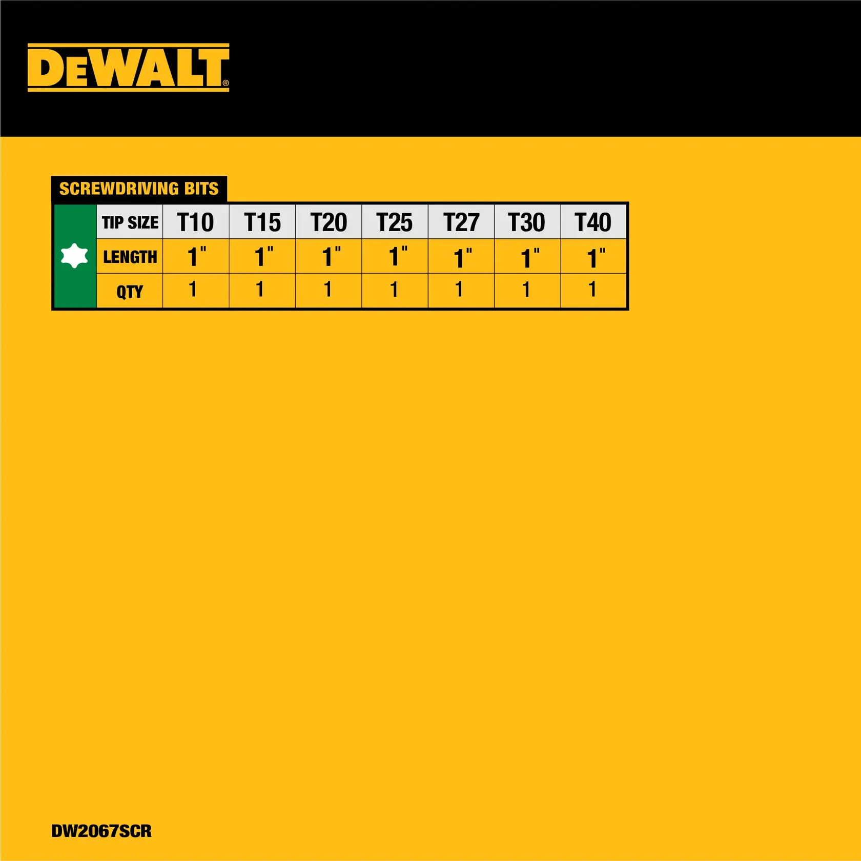 DEWALT packaging image showing a chart of screwdriving bits with sizes T10, T15, T20, T25, T27, T30, and T40. Each bit is 1 inch in length and the quantity for each size is 1. Product SKU: DW2067SCR.