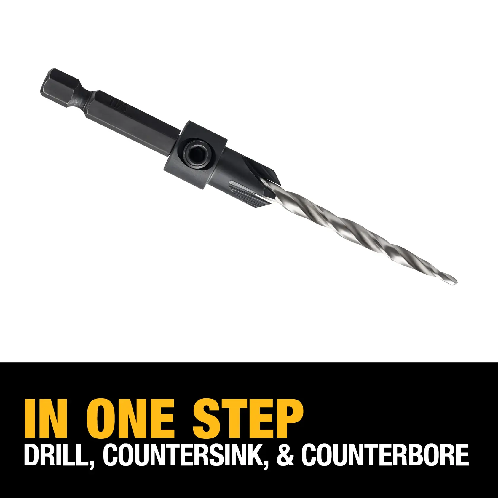 DEWALT drill bit accessory with hex shank and adjustable collar, shown above a black banner with the text 'Ideal for Woodworking'.
