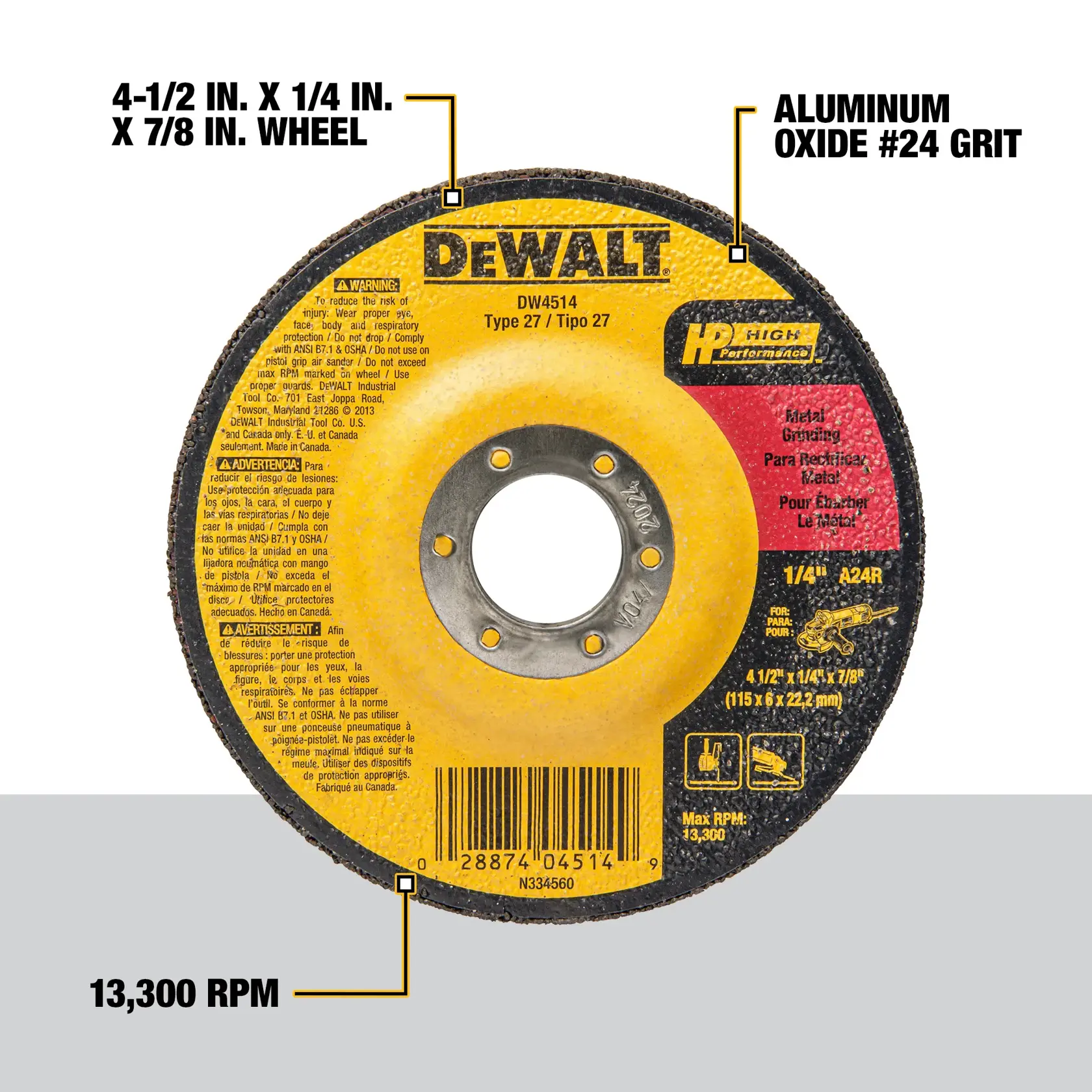 DEWALT® HP™ 4-1/2-in. x 1/4-in. x 7/8-in. T27 Grinding Wheel for Metal & Stainless
