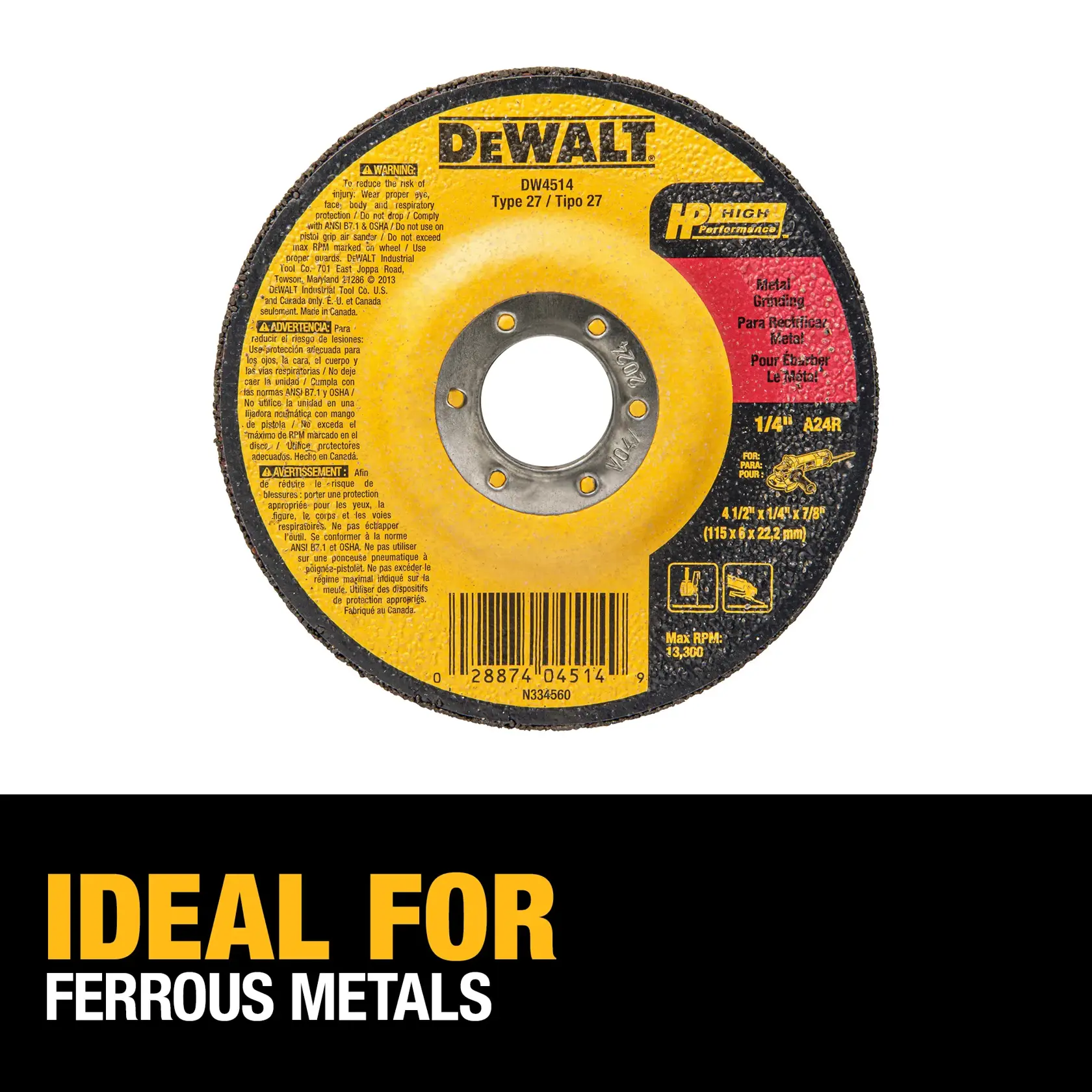 DEWALT® HP™ 4-1/2-in. x 1/4-in. x 7/8-in. T27 Grinding Wheel for Metal & Stainless