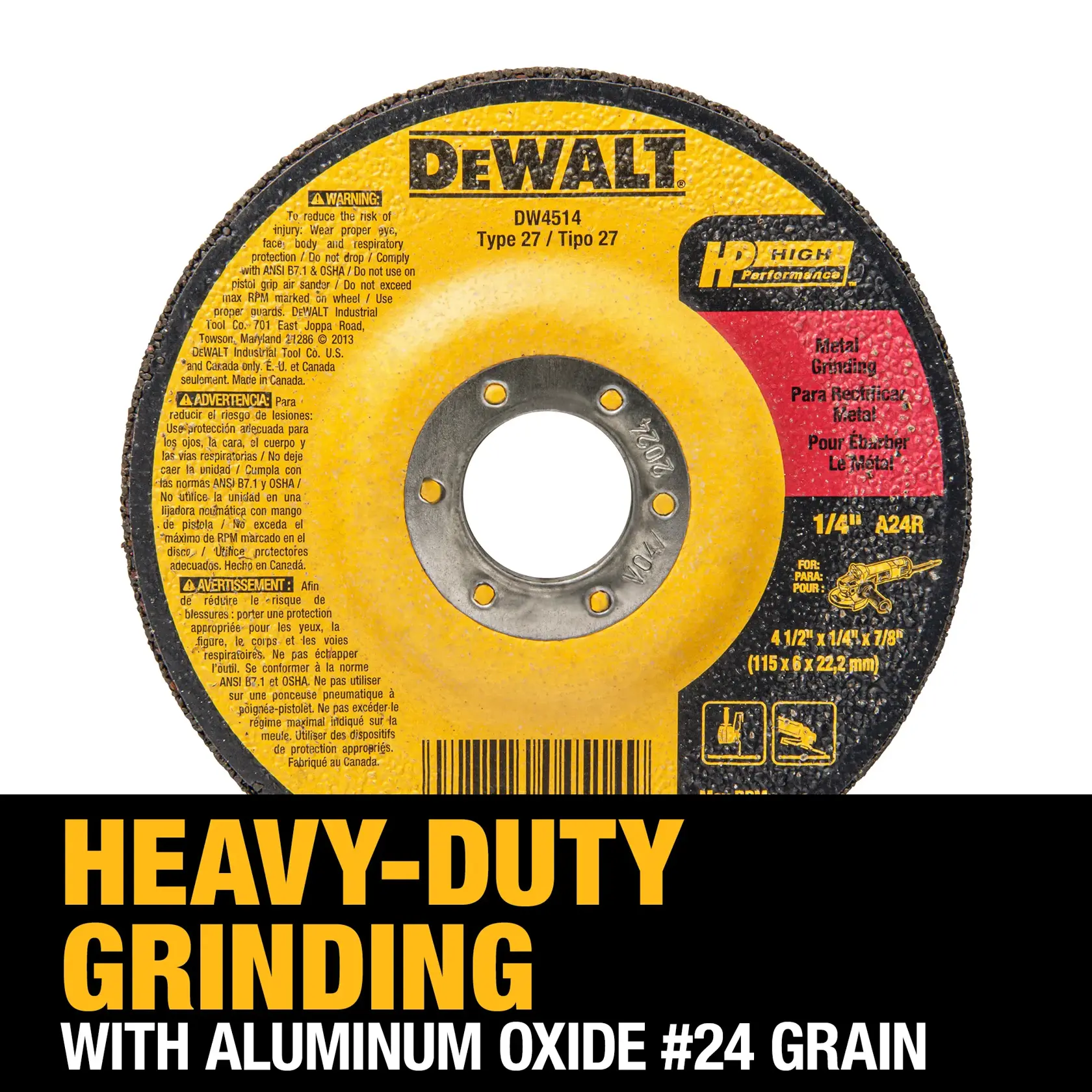 DEWALT® HP™ 4-1/2-in. x 1/4-in. x 7/8-in. T27 Grinding Wheel for Metal & Stainless