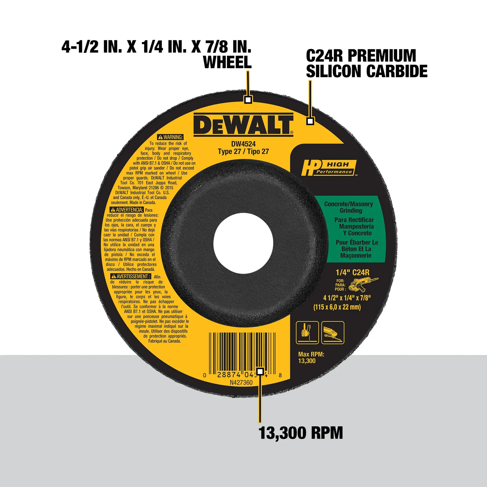 DEWALT® HP™ 4-1/2-in. x 1/4-in. x 7/8-in. T27 Silicon Carbide Grinding Wheel for Concrete & Masonry