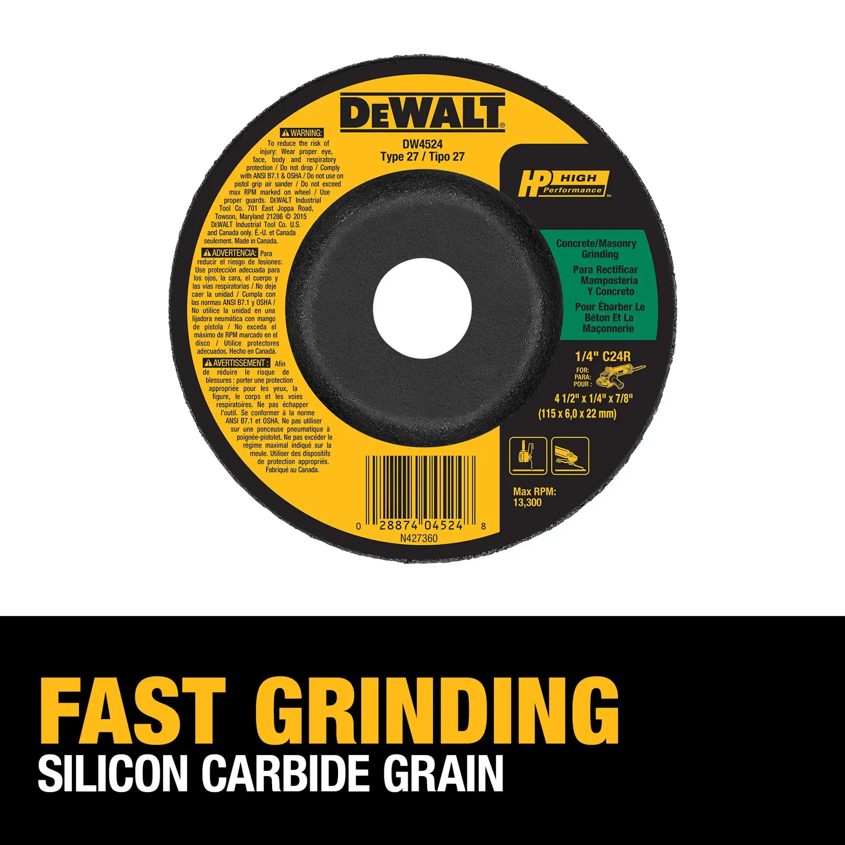 DEWALT® HP™ 4-1/2-in. x 1/4-in. x 7/8-in. T27 Silicon Carbide Grinding Wheel for Concrete & Masonry