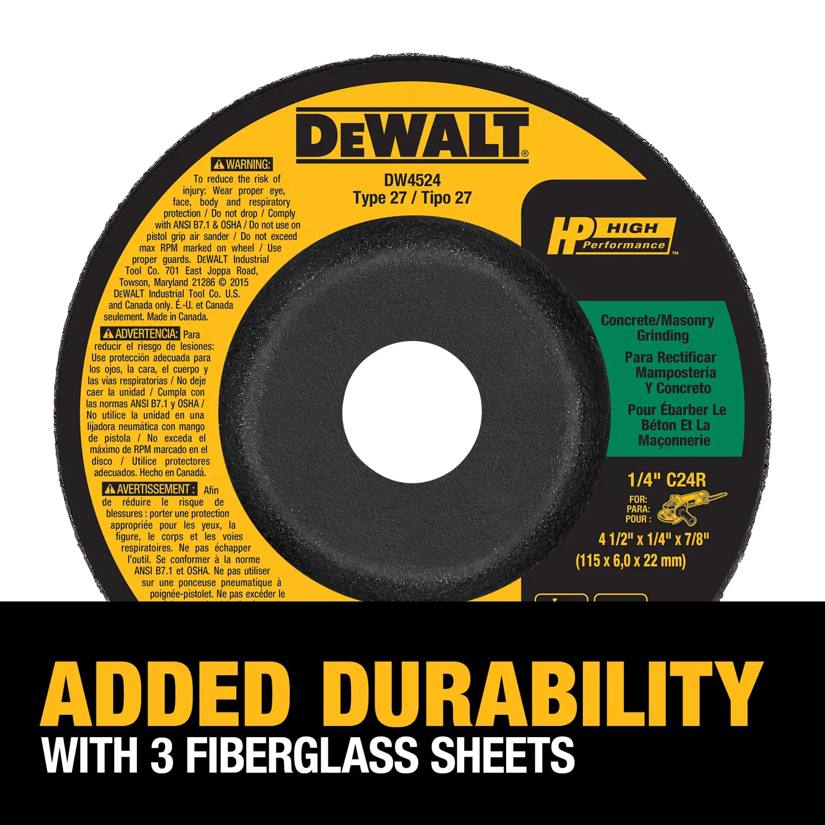 DEWALT® HP™ 4-1/2-in. x 1/4-in. x 7/8-in. T27 Silicon Carbide Grinding Wheel for Concrete & Masonry