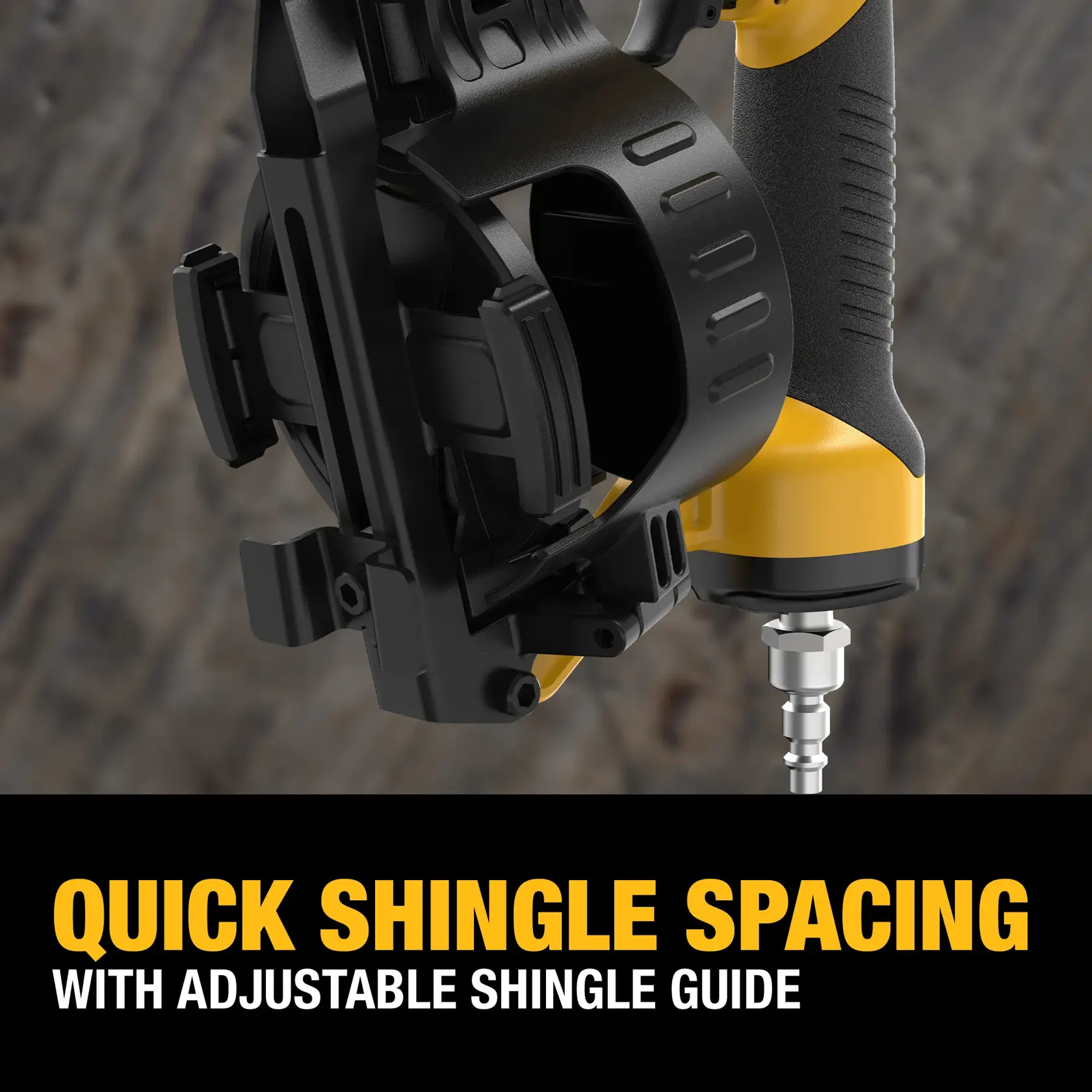 DEWALT 15° Coil Roofing Nailer features QUICK SHINGLE SPACING with adjustable shingle guide