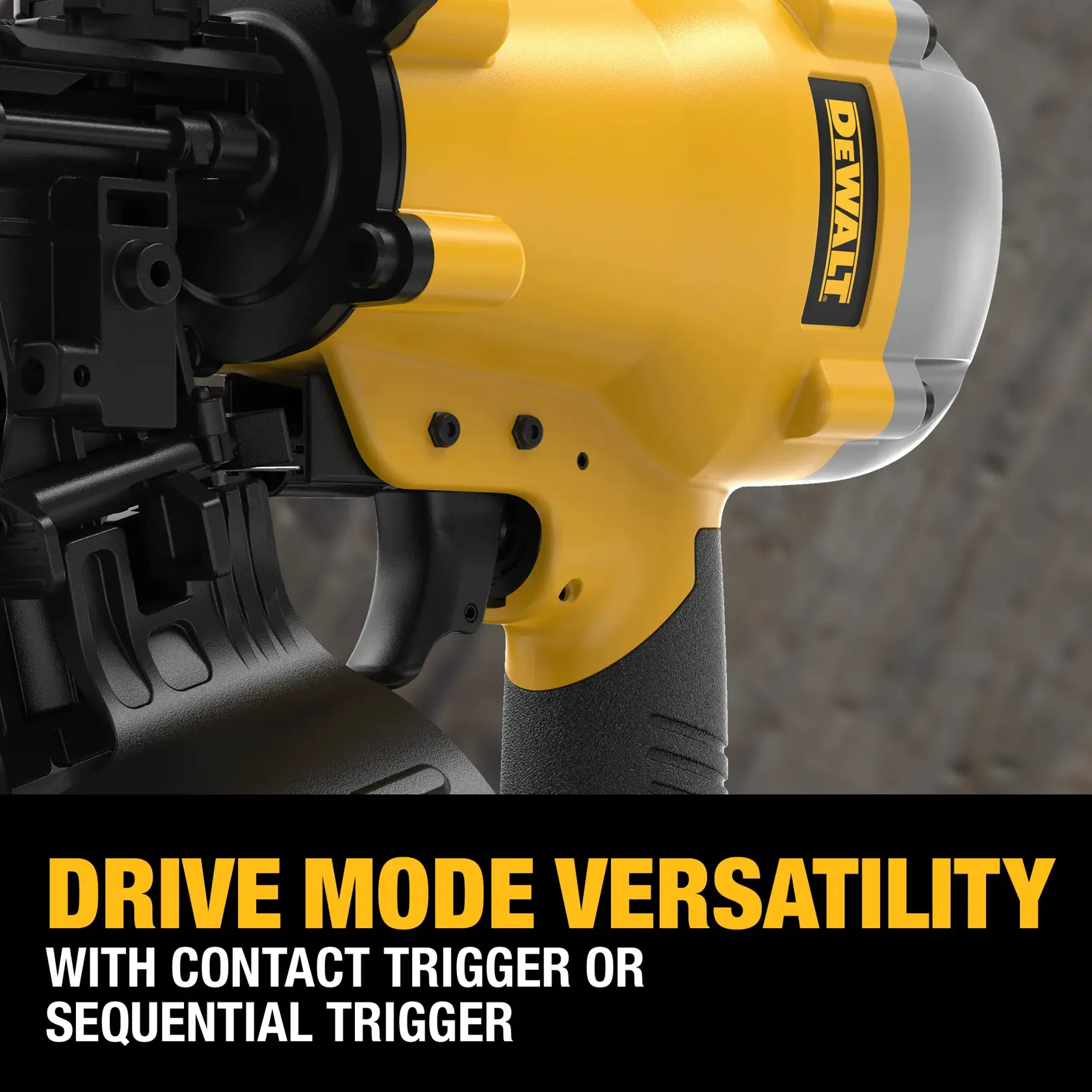 DEWALT 15° Coil Roofing Nailer features DRIVE MODE VERSATILITY with contact trigger or sequential trigger
