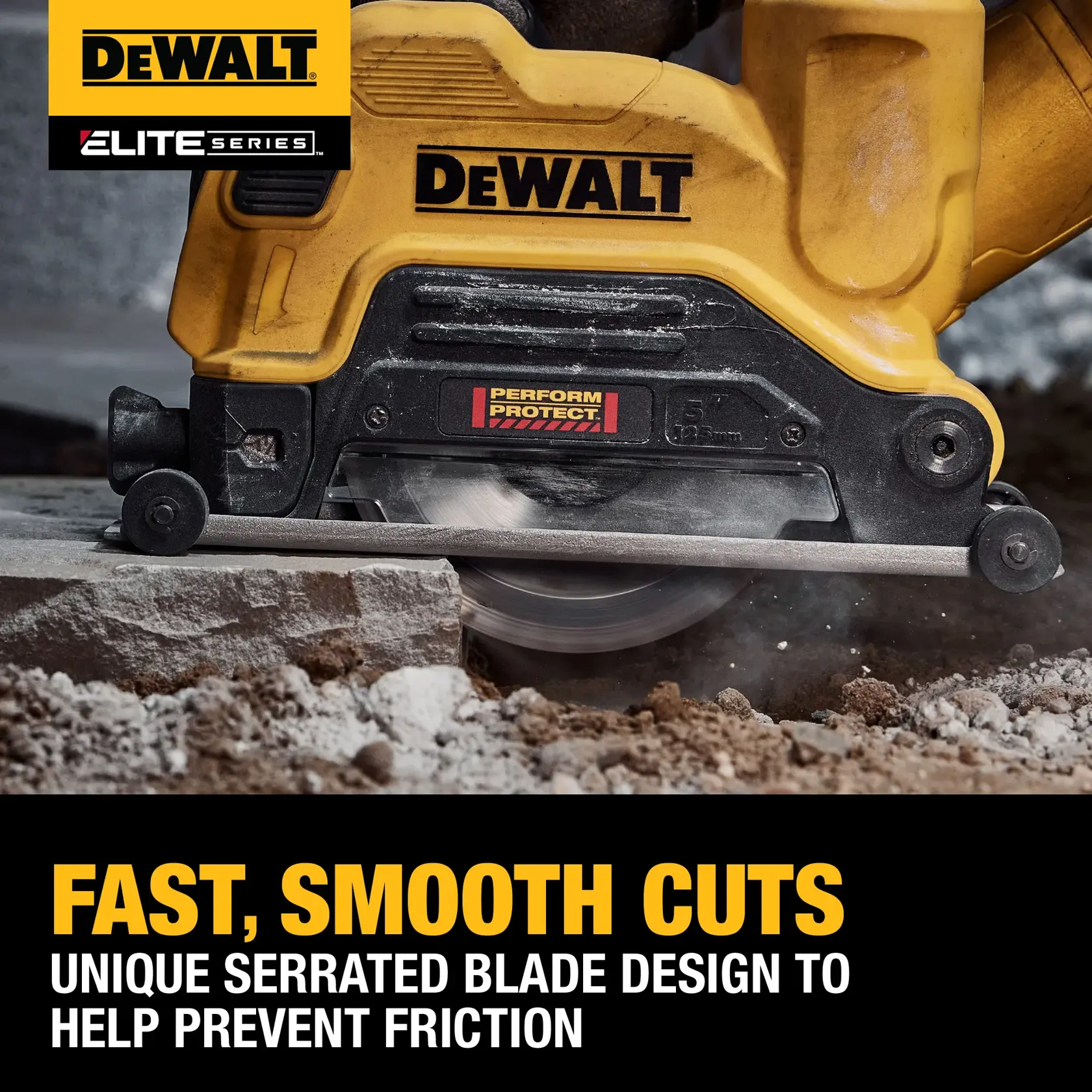  DEWALT angle grinder with DW47227 blade cutting concrete graphic from a side view
