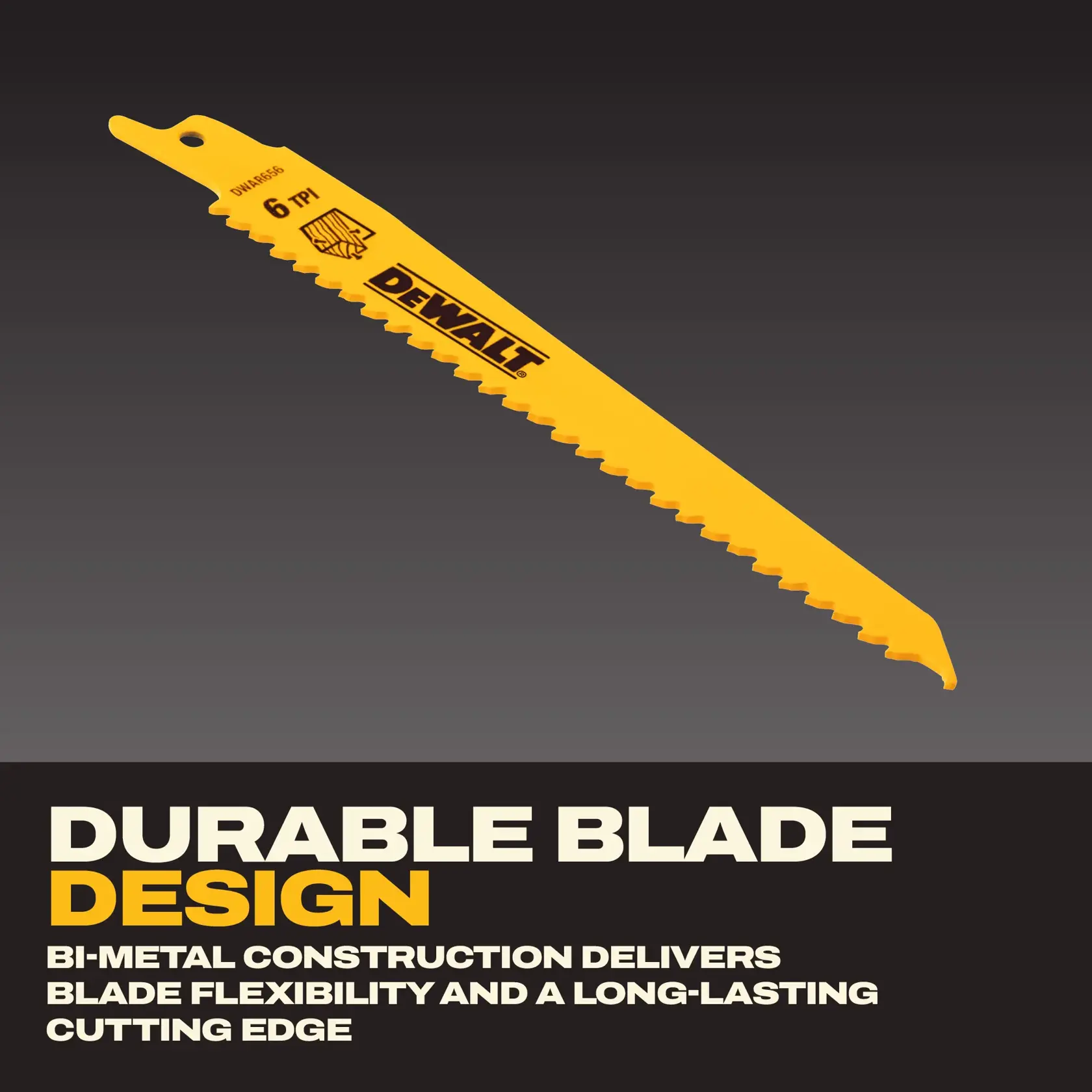 A DEWALT reciprocating saw is used to cut through a metal threaded rod. The yellow DEWALT saw blade is visible, and the operator's gloved hand is holding the tool firmly against a concrete surface.