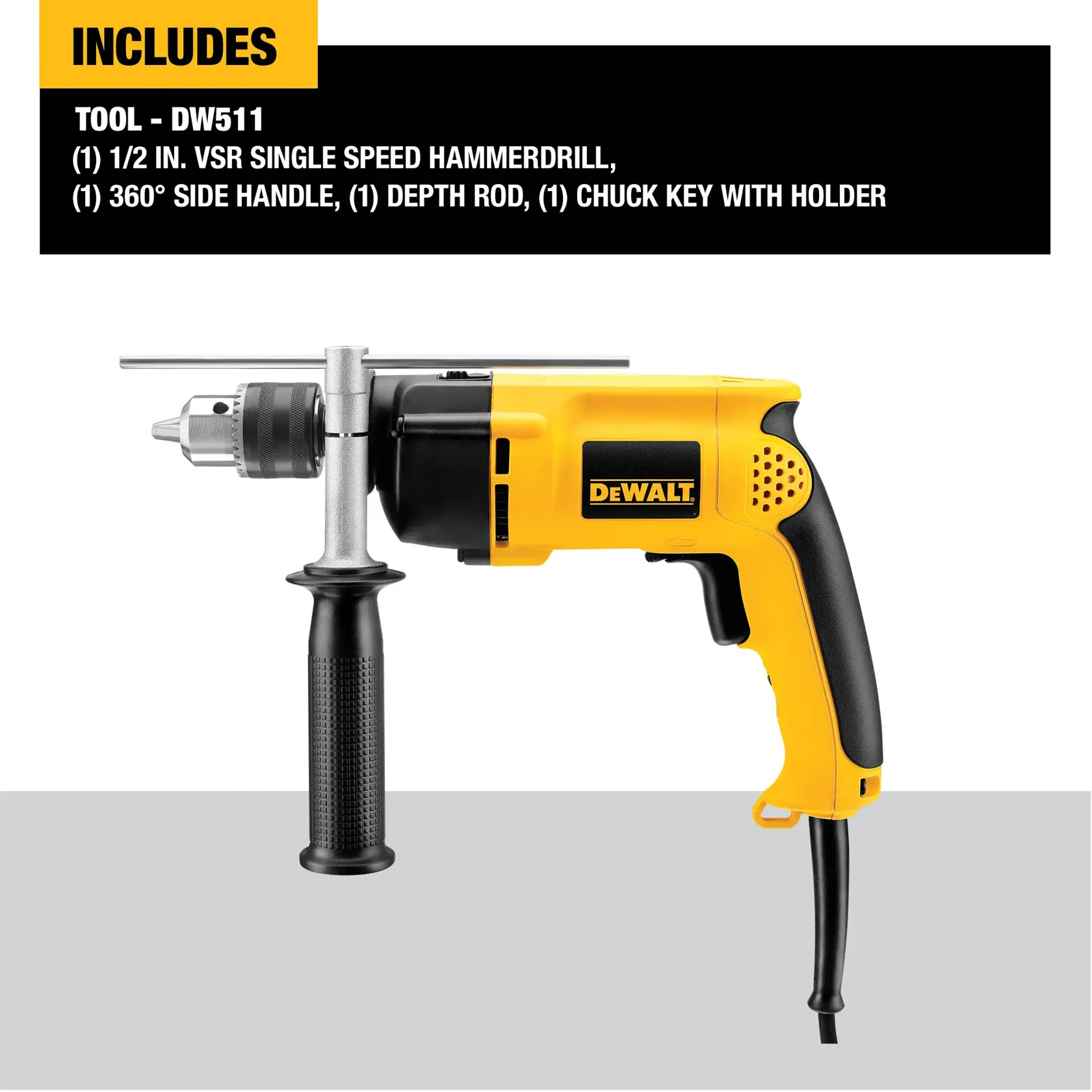 Image of a DeWalt DW511 1/2 inch VSR single speed hammer drill with a yellow and black body. The tool includes a 360-degree side handle, a depth rod, and a chuck key with holder. Product features and included items are listed above the drill.