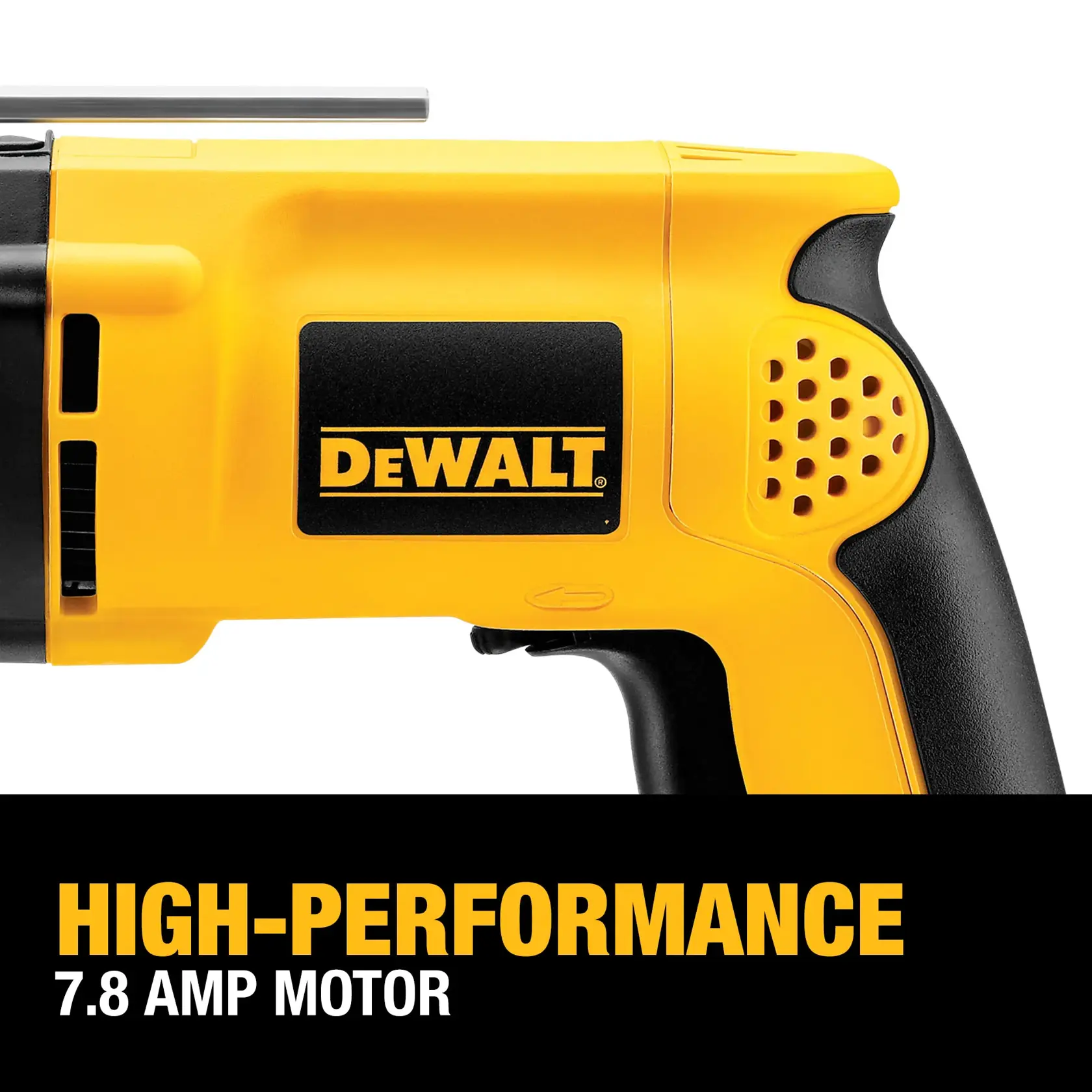 Close-up image of a DEWALT DW511 power drill, showing its handle and body, with text indicating 'HIGH-PERFORMANCE 7.8 AMP MOTOR'.