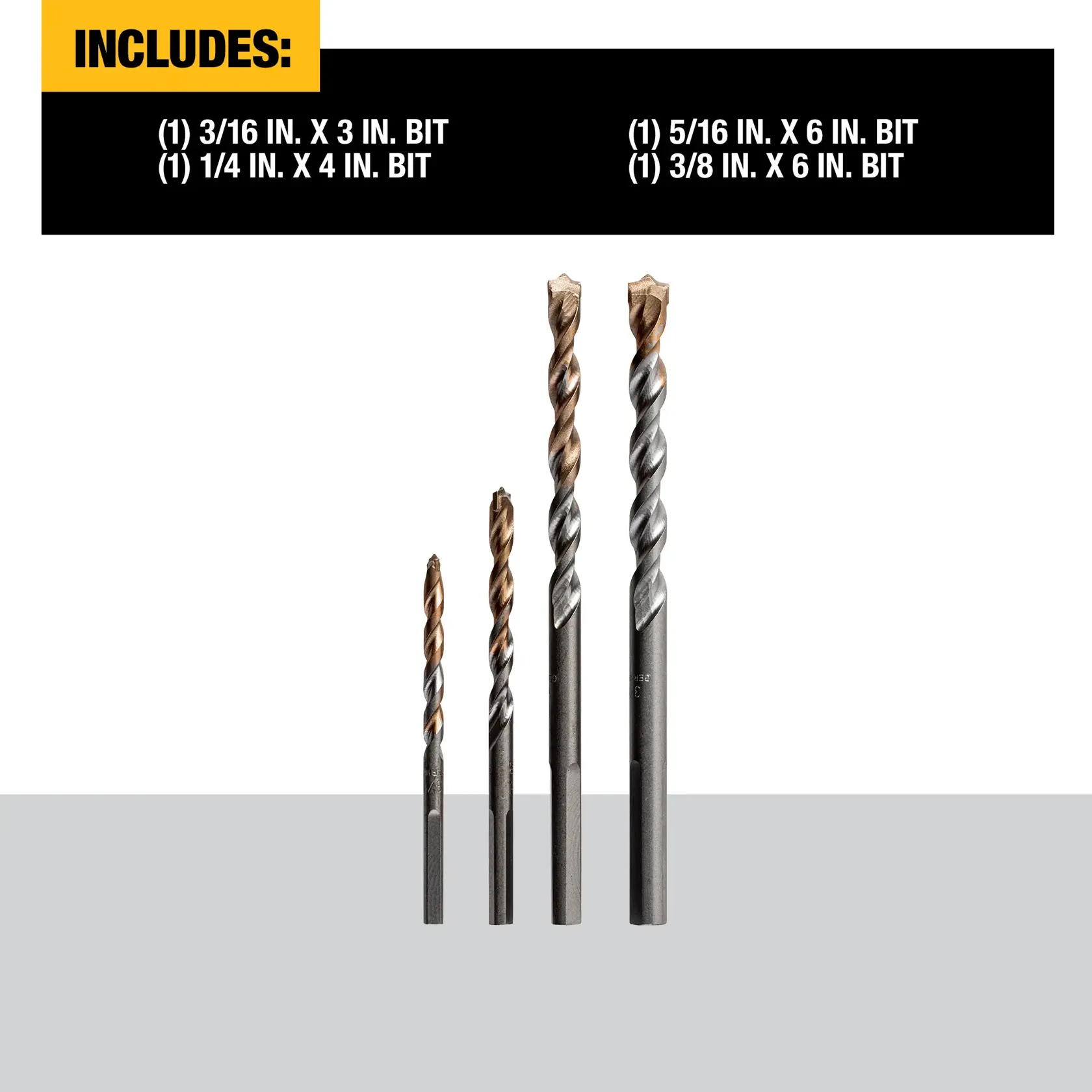 Image showing four DEWALT masonry drill bits of varying sizes standing upright. Above them, a chart lists the included sizes: one 3/16 inch by 3 inch bit, one 1/4 inch by 4 inch bit, one 5/16 inch by 6 inch bit, and one 3/8 inch by 6 inch bit.