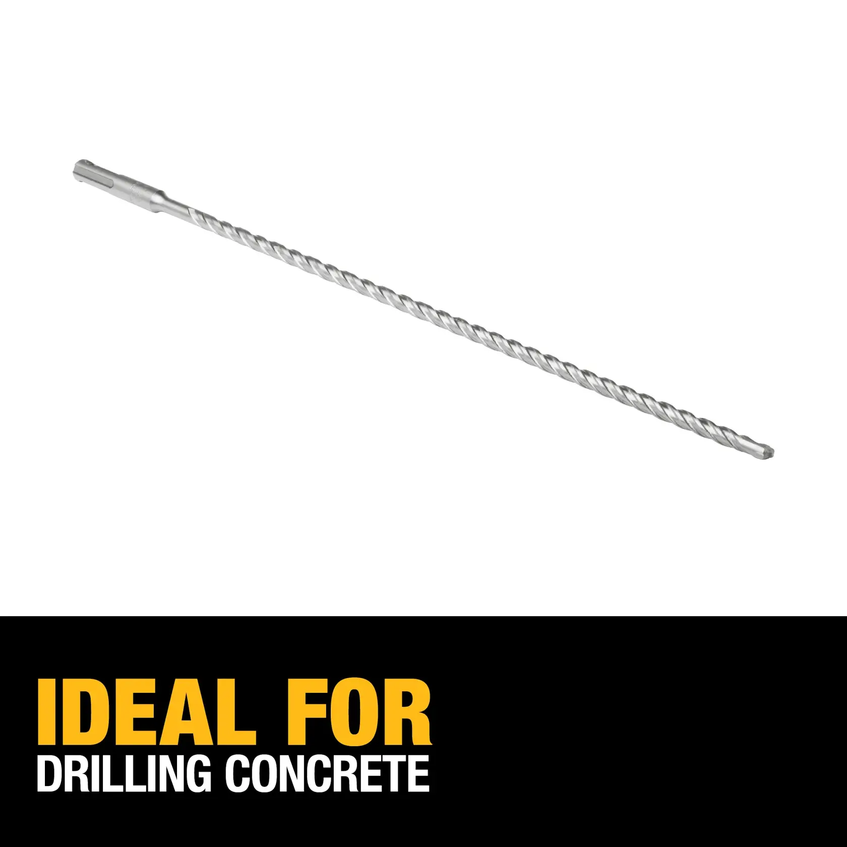 A long, silver DEWALT drill bit designed for concrete drilling, shown against a white background with the text 'IDEAL FOR DRILLING CONCRETE' at the bottom.
