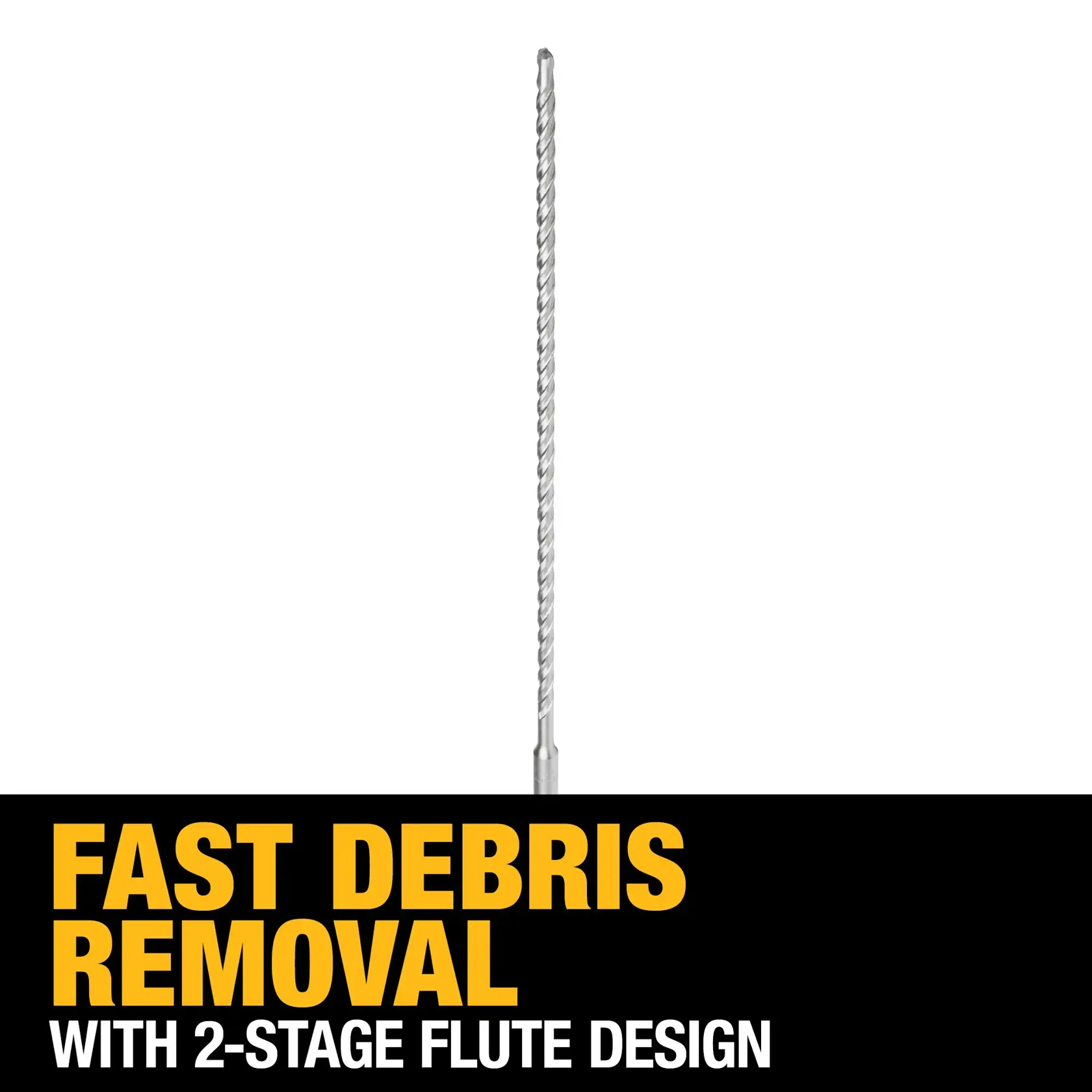 A DEWALT DW5421 drill bit is shown vertically on a white background. The image highlights its fast debris removal capability with a 2-stage flute design, as stated in bold yellow and white text at the bottom.