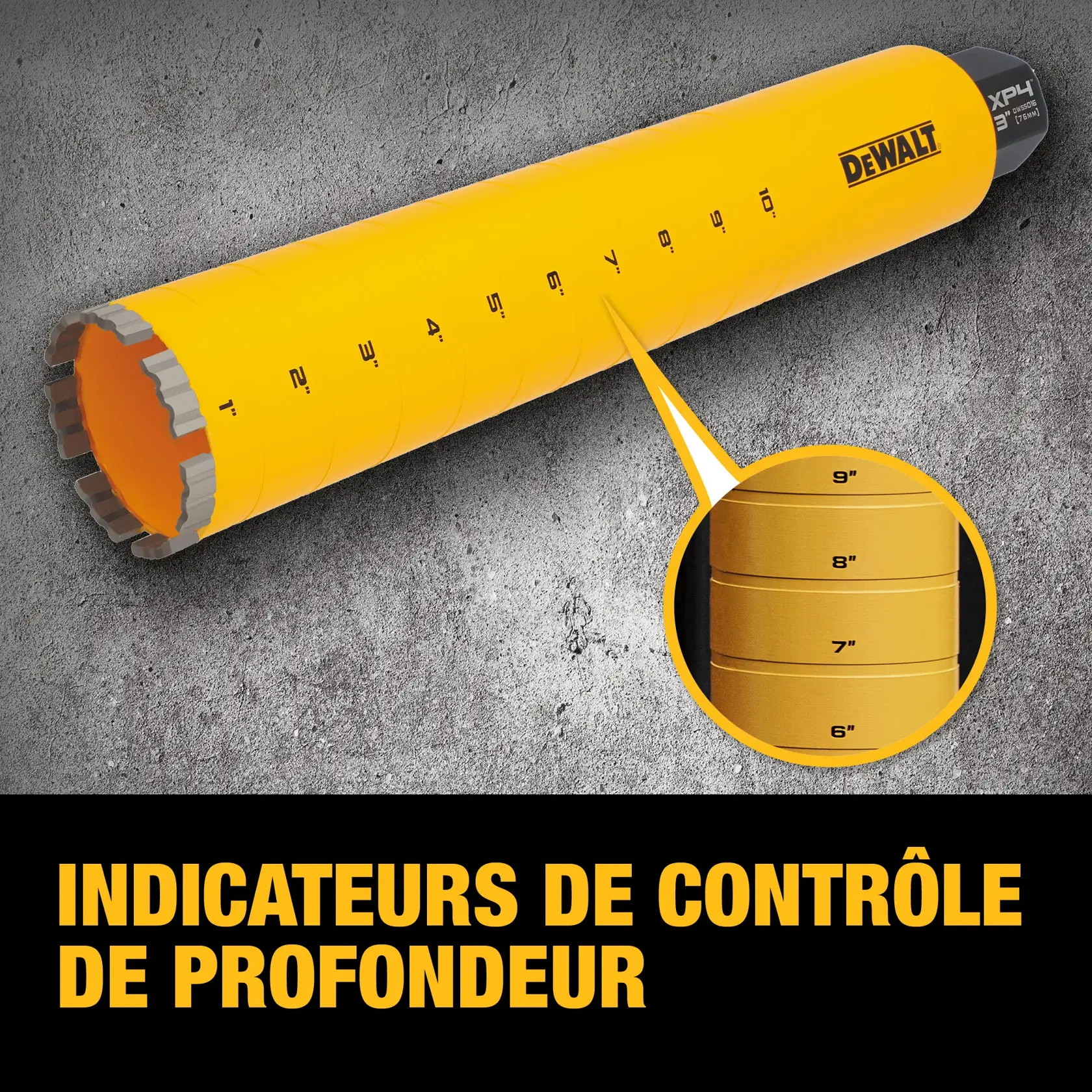 DEWALT Diamond core bit zoomed into depth control indicators graphic