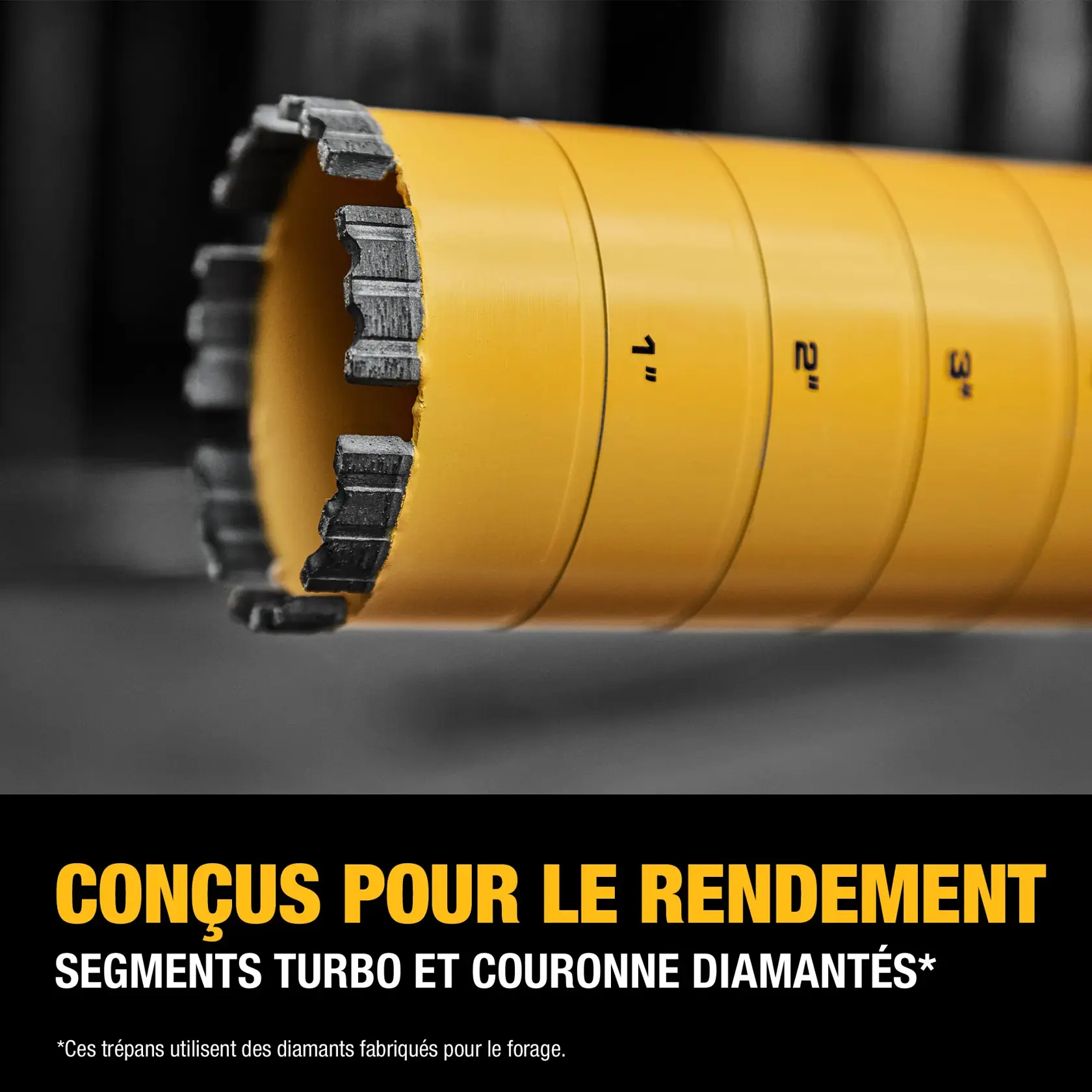 DEWALT Diamond core bit zoomed into segment end of core bit graphic