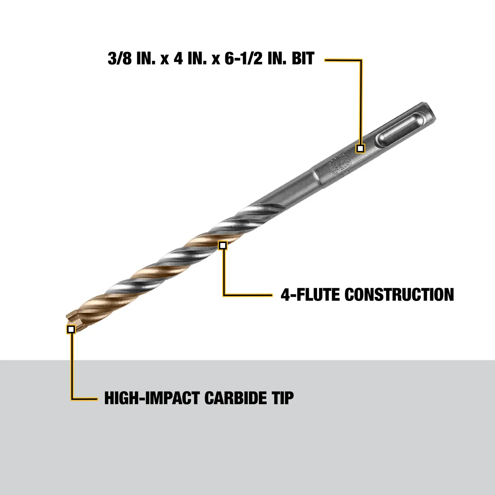 A construction worker wearing safety gear uses a yellow DEWALT rotary hammer drill to drill into a concrete wall. A yellow DEWALT dust extraction attachment is mounted on the wall at the drilling point.