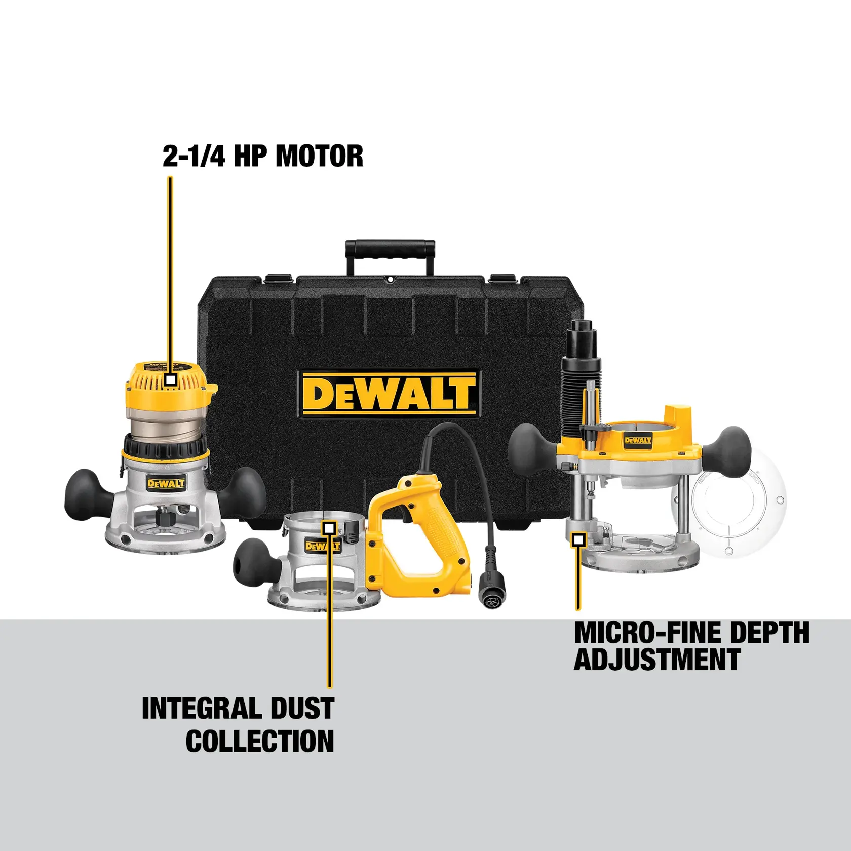 DEWALT® 2-1/4 HP (maximum motor HP) Three Base Router Kit