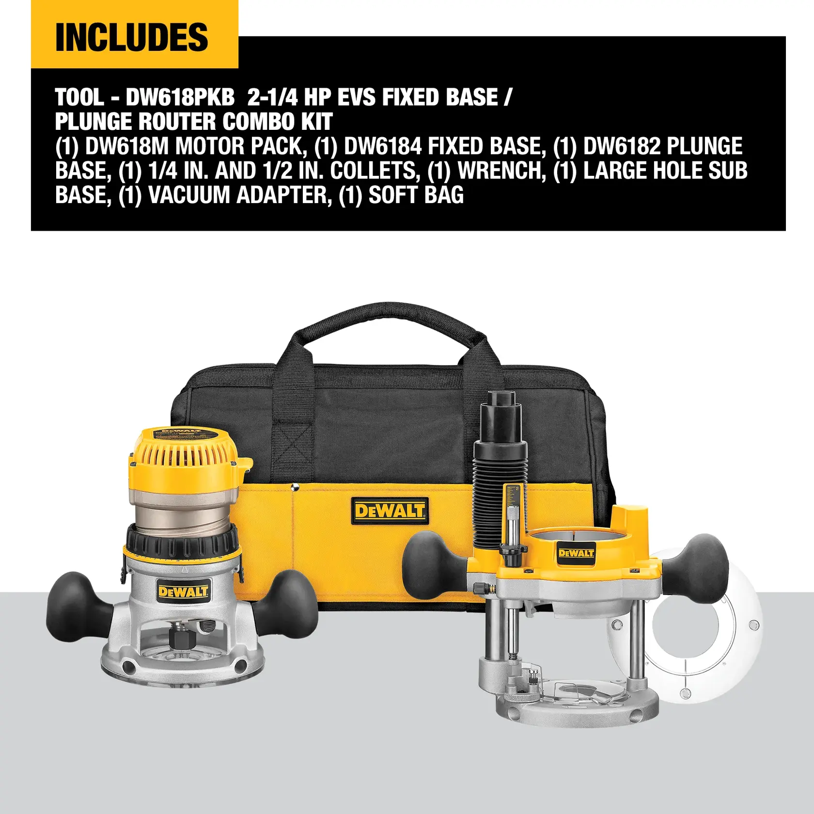 DEWALT® 2-1/4 HP (Max Motor HP) EVS Fixed Base/Plunge Router Combo Kit With Soft Start
