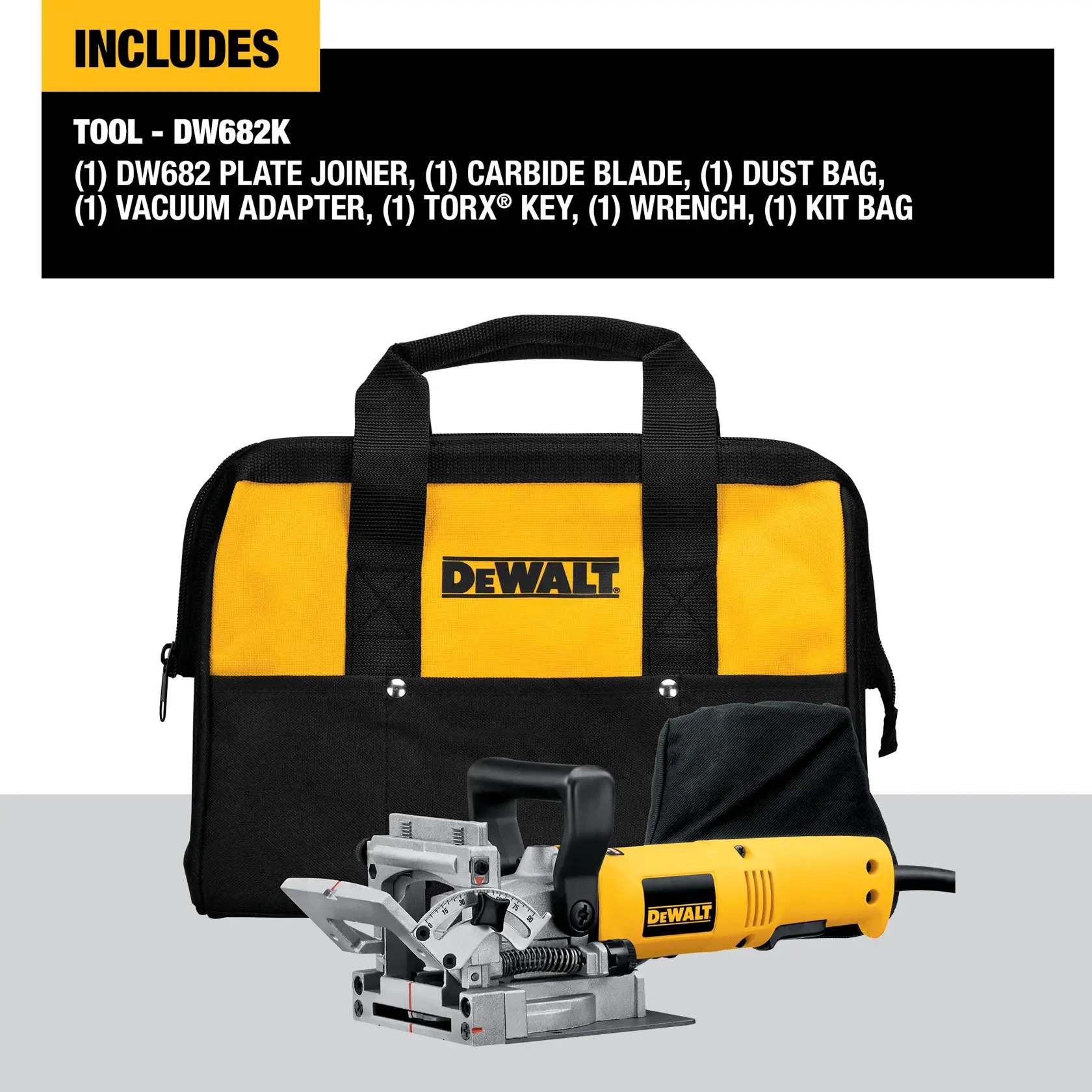 A DEWALT DW682K plate joiner tool shown in front of a yellow and black DEWALT carrying kit bag. The image also includes a carbide blade, dust bag, vacuum adapter, Torx key, and wrench, with a text overlay listing all included items in the kit.