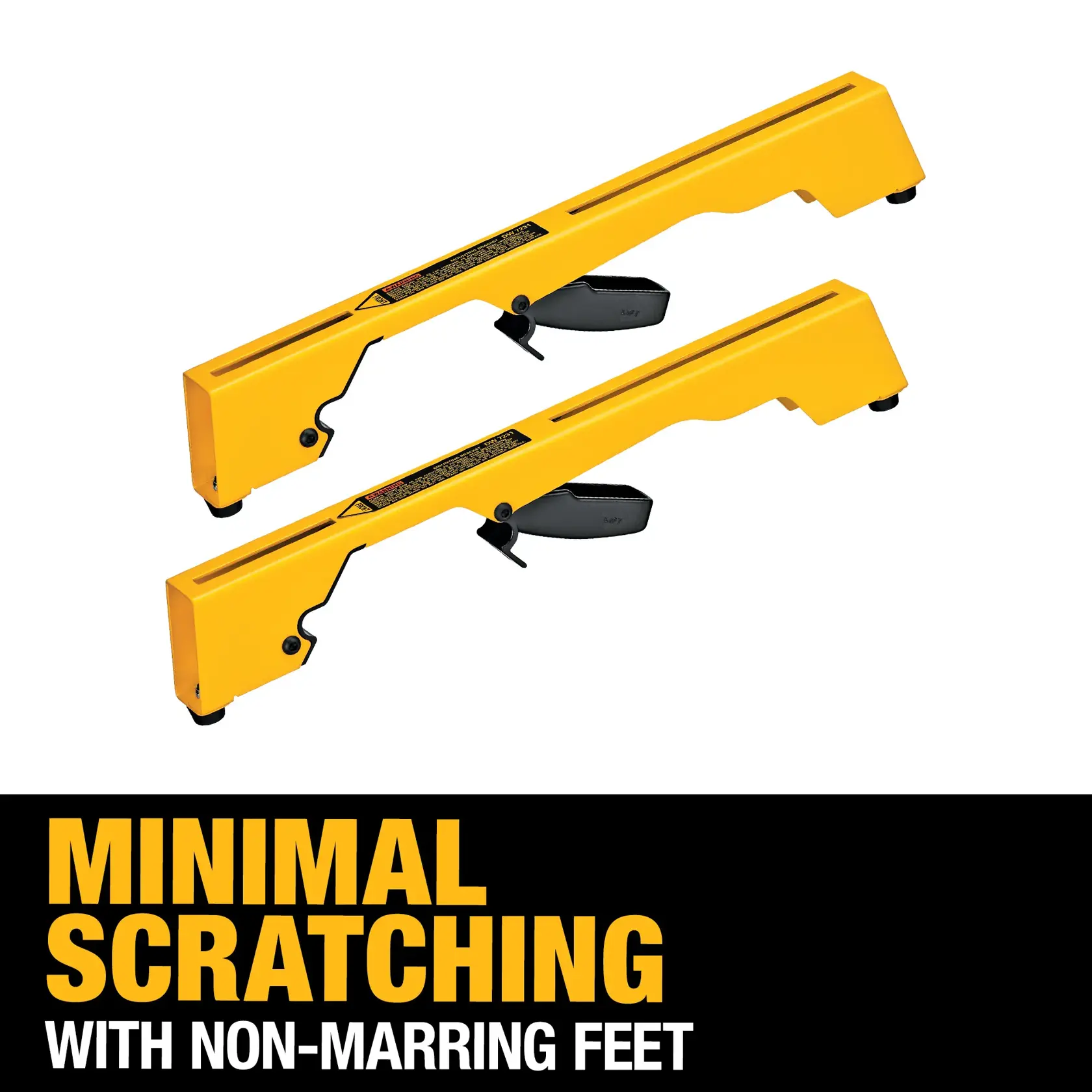 Two yellow DEWALT miter saw stand brackets are shown with black levers and non-marring feet. Text below reads: 'Minimal scratching with non-marring feet.'