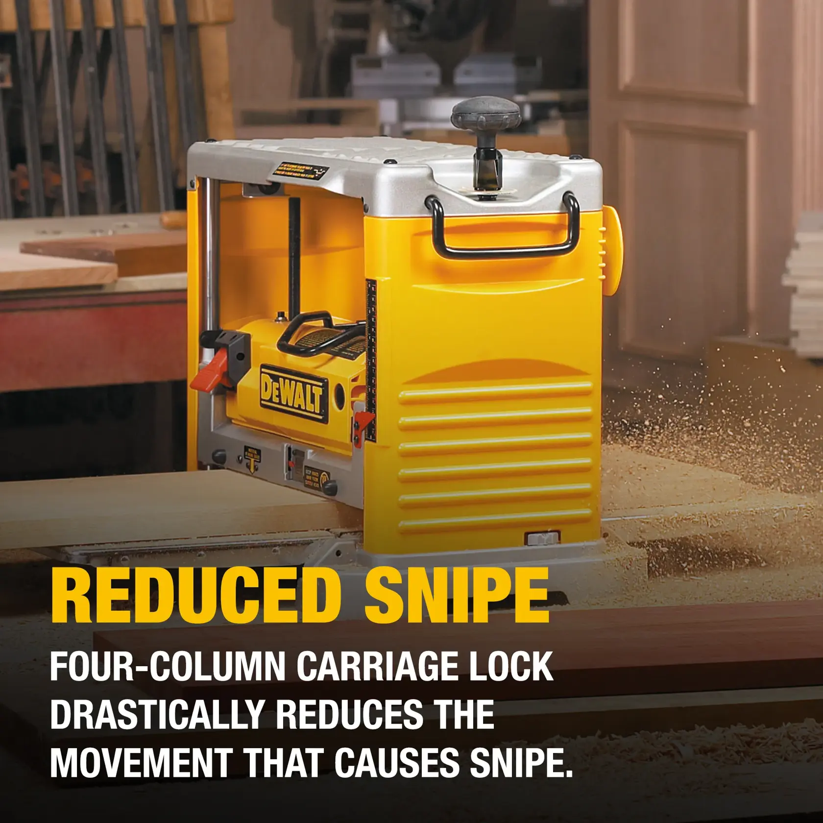 12 and half inch Thickness Planer with Three Knife Cutter Head being used by a person on wooden plank.