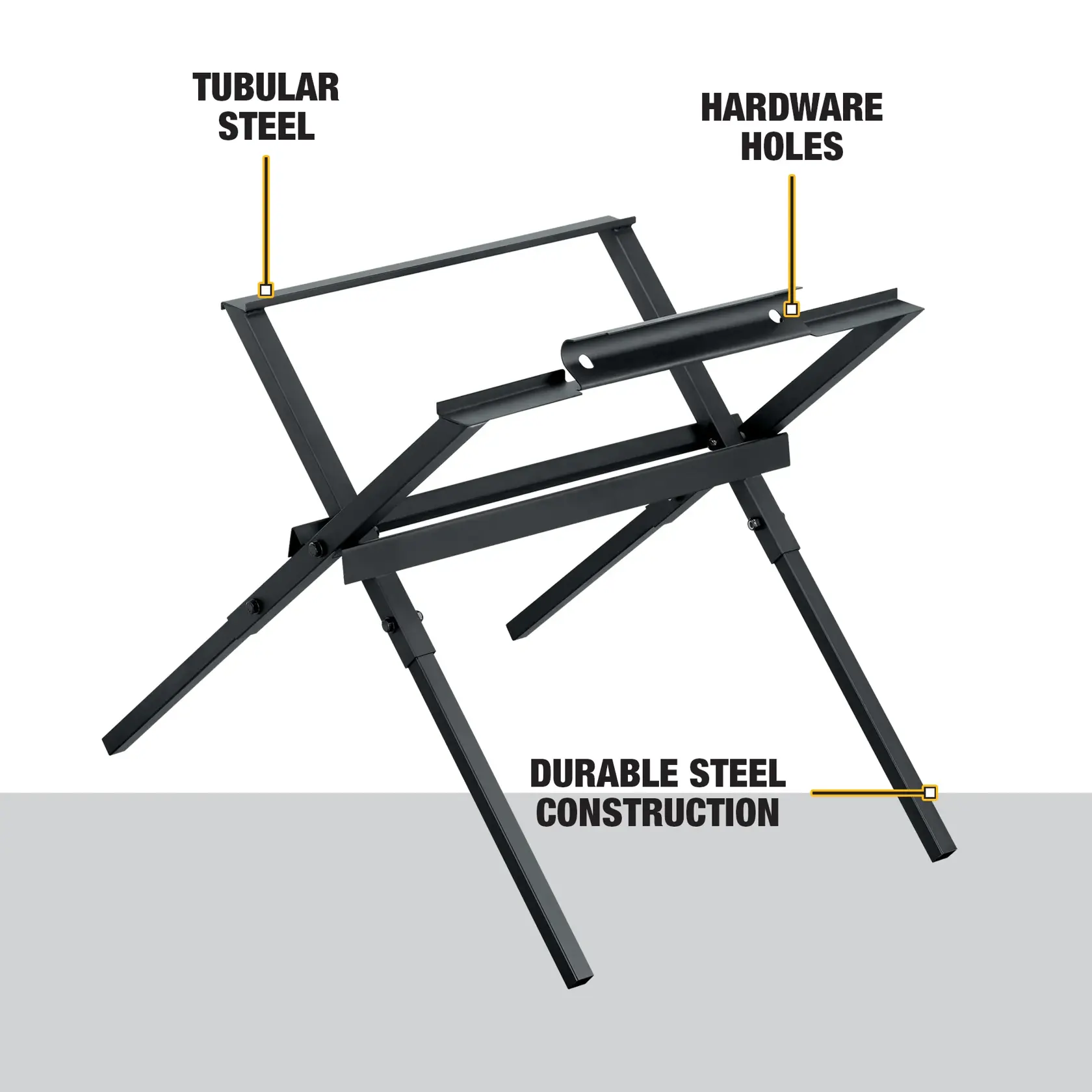 A DEWALT steel stand for tools, featuring tubular steel, hardware holes, and durable steel construction. The image shows labeled areas highlighting the frame’s material and features.