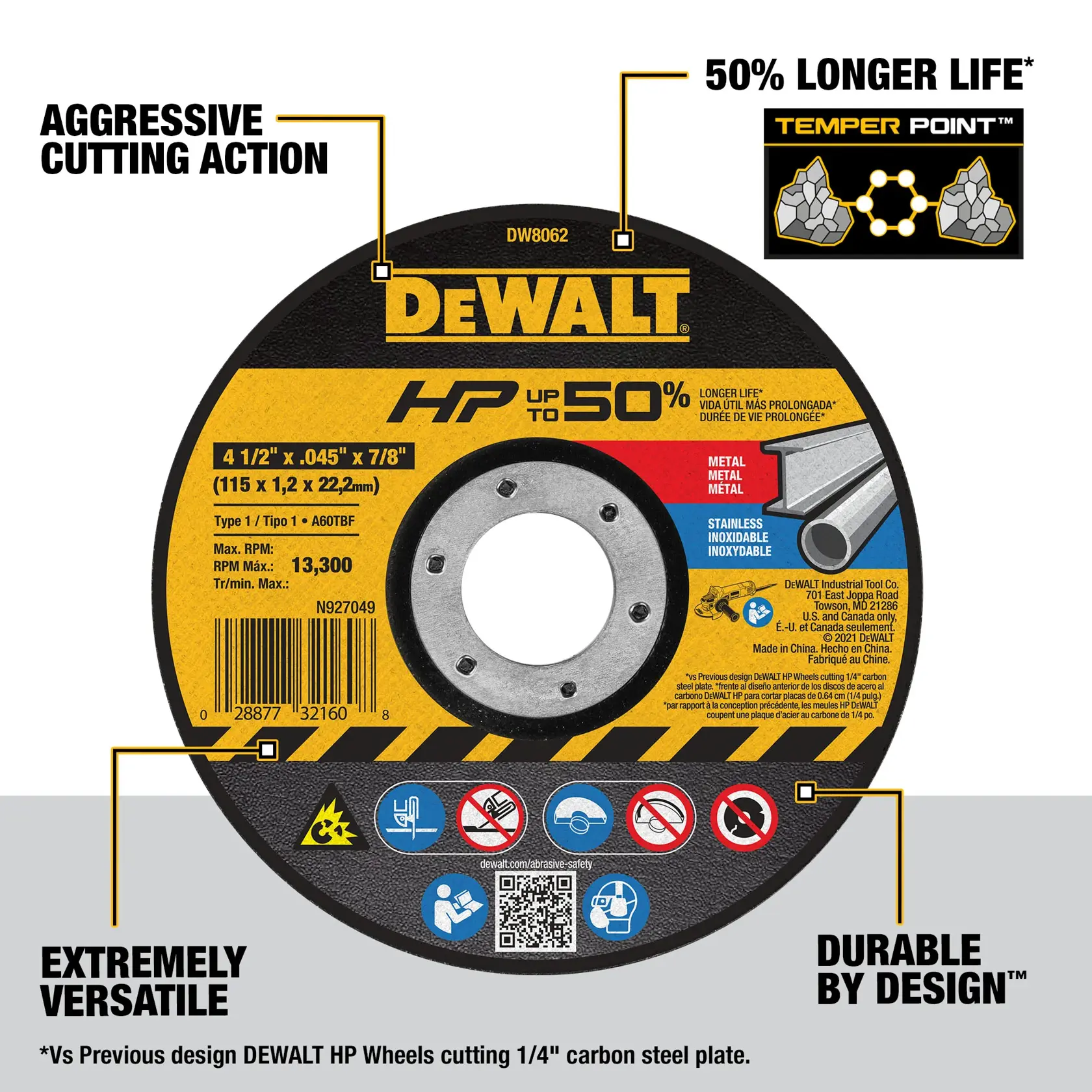 DEWALT® 4-1/2-in. (115mm) Aluminum Oxide Abrasive Chop / Cut-Off Blade with 7/8-in. Arbor