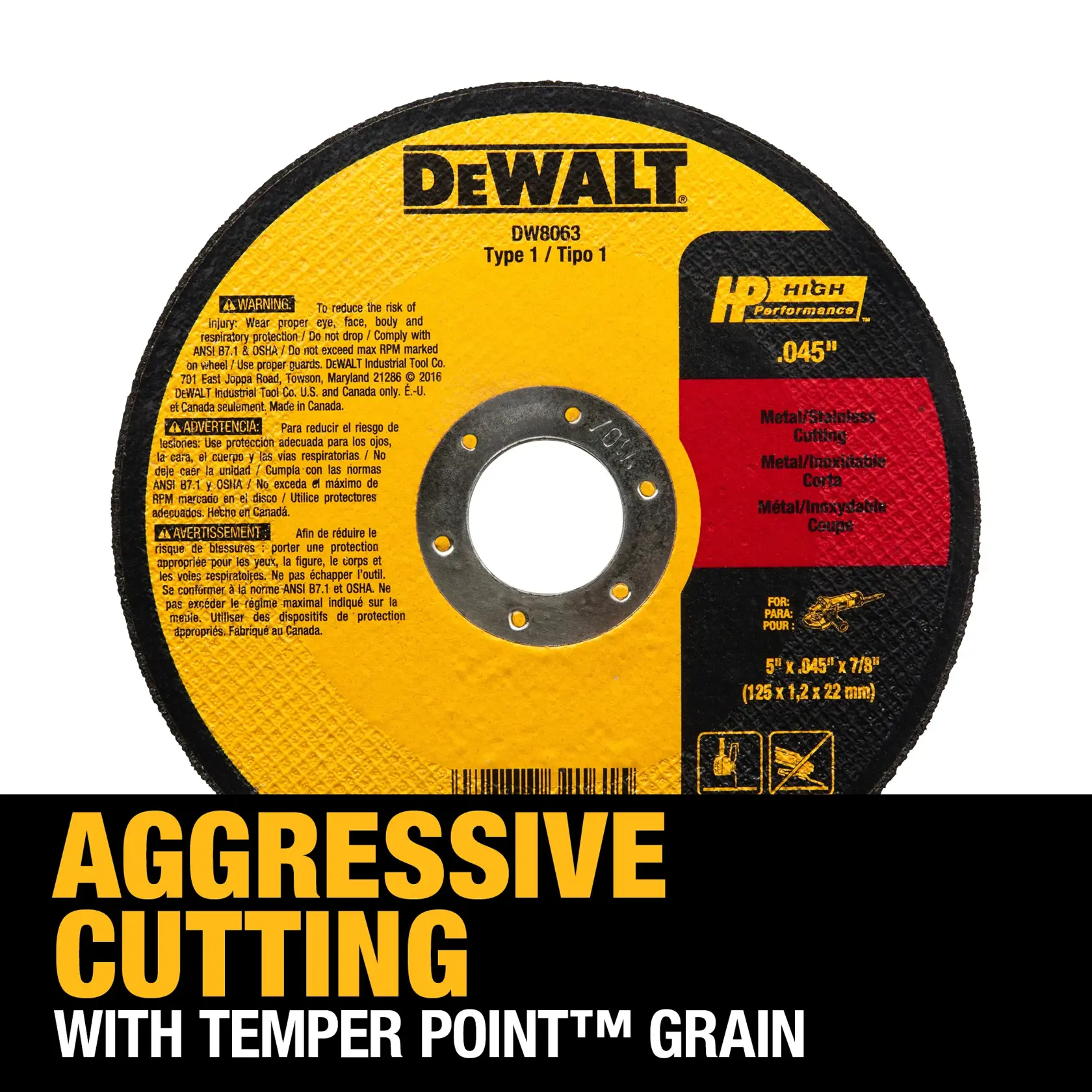 DEWALT® HP™ 5-in. x .045-in. x 7/8-in. T1 Aluminum Oxide Cut-Off Wheel