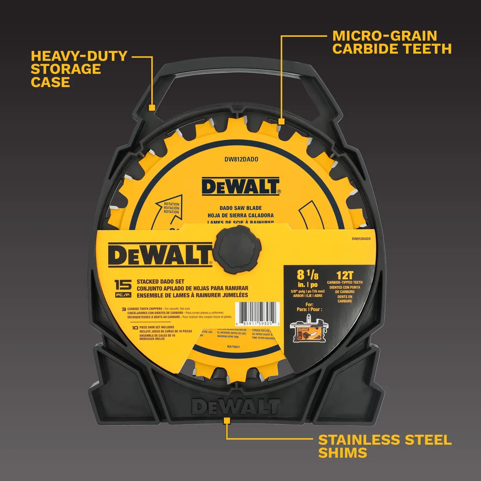Cutting width chart for DEWALT DW812DADO. The chart displays dado/groove thickness options in inches down the left side, and specifies the number of blades, chippers, spacers, and shims (with various hole counts and thicknesses) required for each thickness. The chart uses a yellow and black color scheme and includes a note to always use both outer blades regardless of blade configuration. A small diagram and note at the bottom clarify that the kerf of two blades overlap to make 1/4 inch.