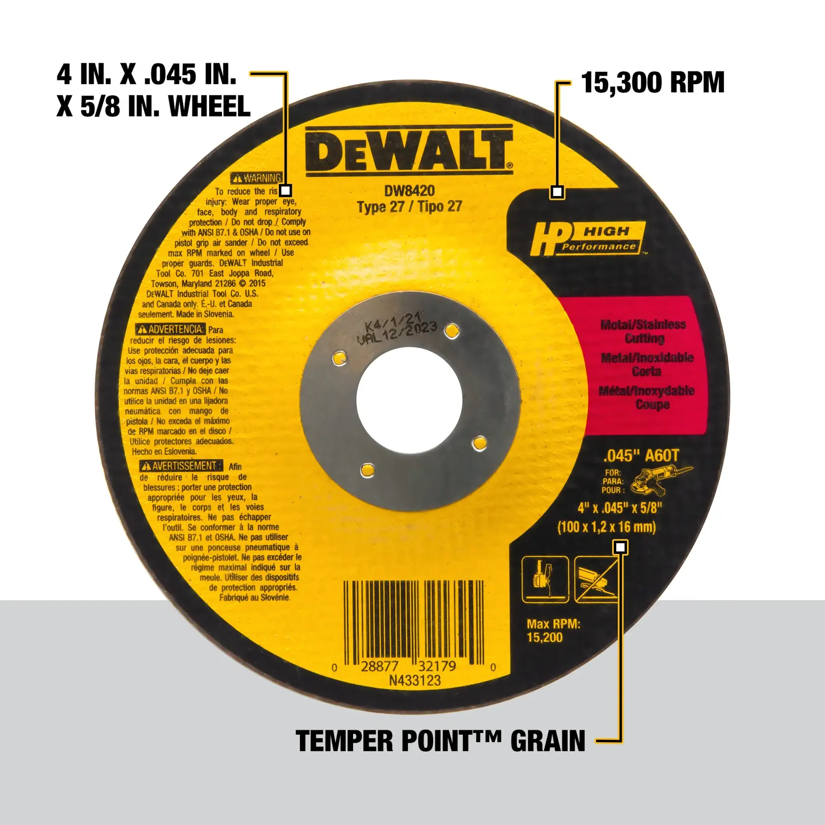 DEWALT® HP™ 4-in. x 0.045-in. x 5/8-in. T27 Cutting Wheel