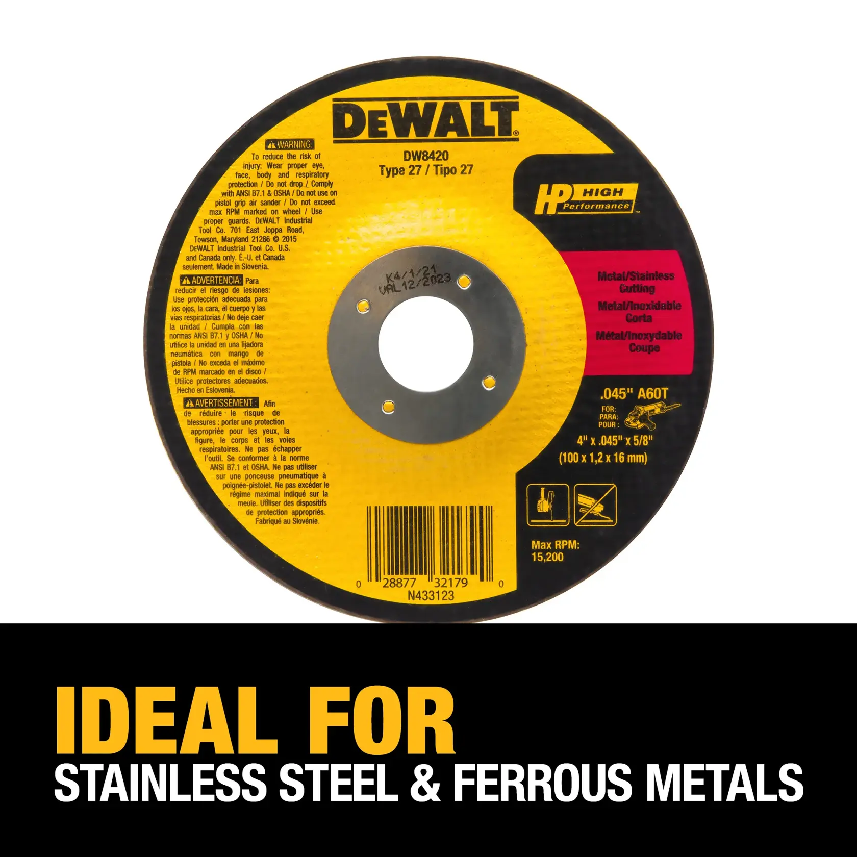 DEWALT® HP™ 4-in. x 0.045-in. x 5/8-in. T27 Cutting Wheel