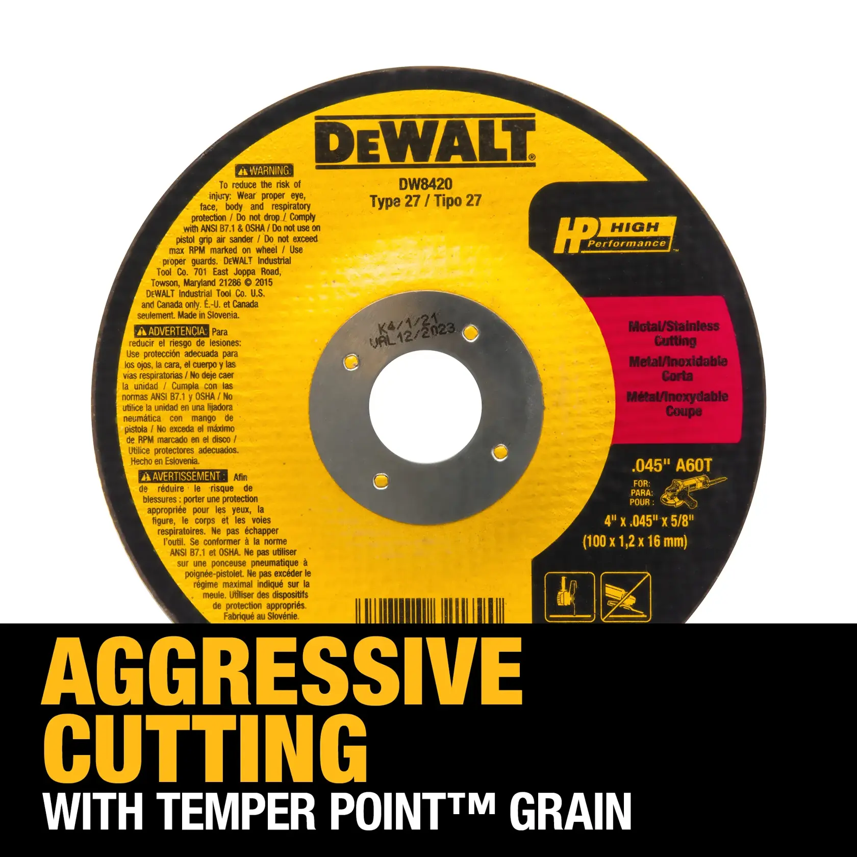 DEWALT® HP™ 4-in. x 0.045-in. x 5/8-in. T27 Cutting Wheel