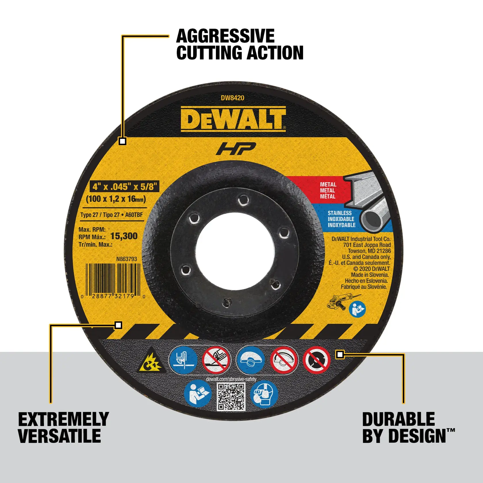 DEWALT® HP™ 4-in. x 0.045-in. x 5/8-in. T27 Cutting Wheel
