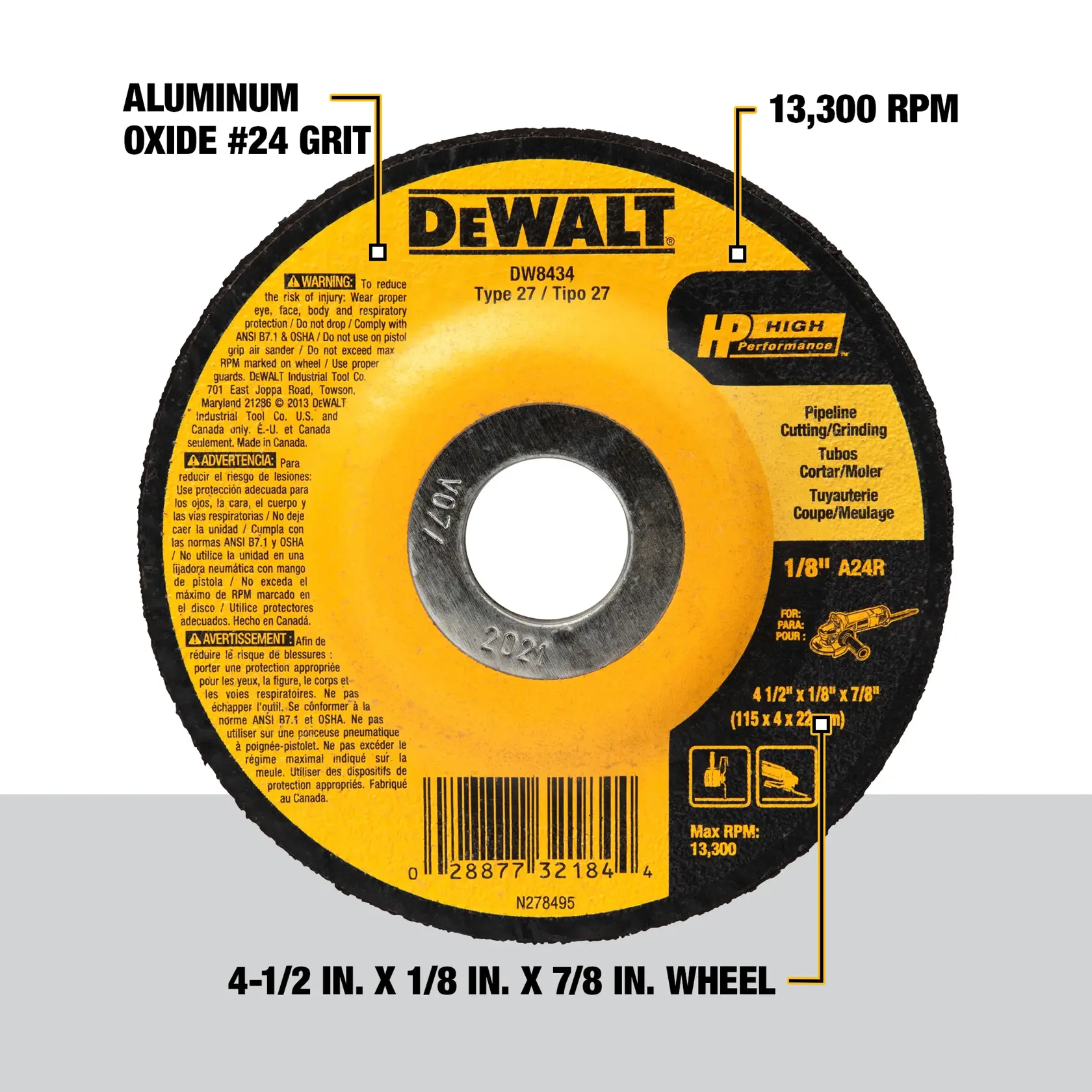 DEWALT® HP™ 4-1/2-in. x 1/8-in. x 7/8-in. Metal Pipeline Grinding Wheel