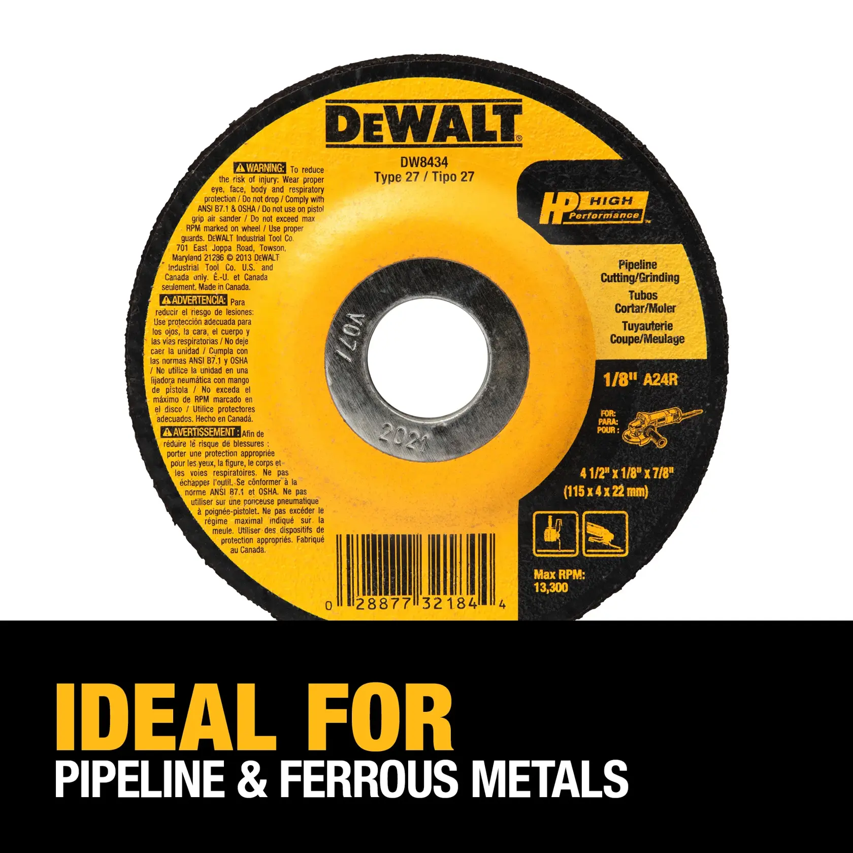 DEWALT® HP™ 4-1/2-in. x 1/8-in. x 7/8-in. Metal Pipeline Grinding Wheel