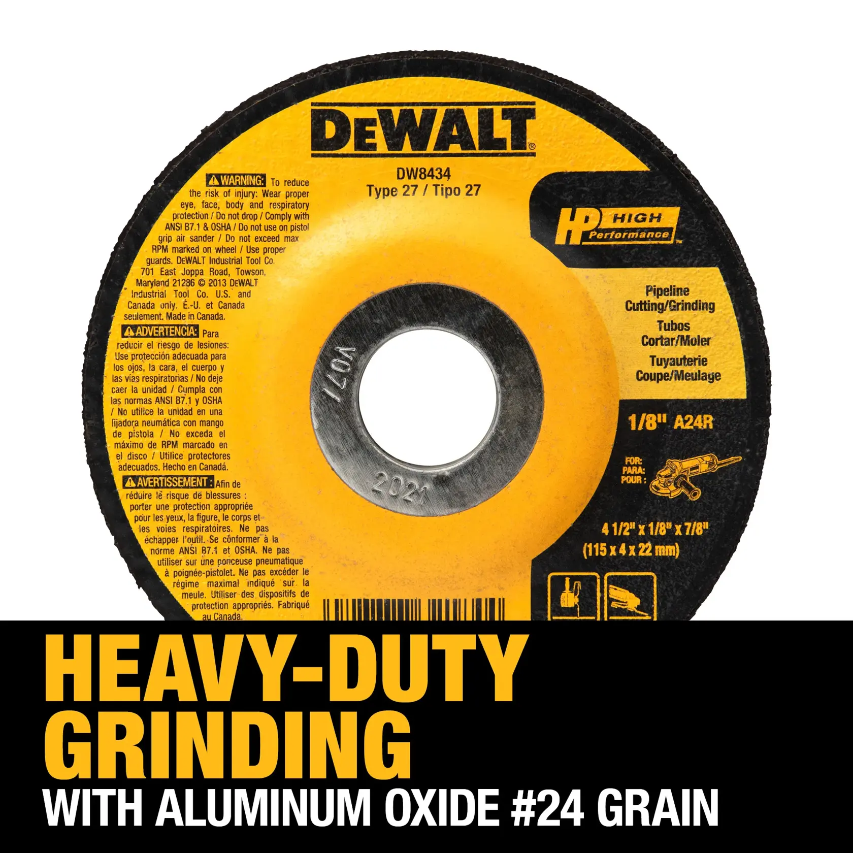 DEWALT® HP™ 4-1/2-in. x 1/8-in. x 7/8-in. Metal Pipeline Grinding Wheel