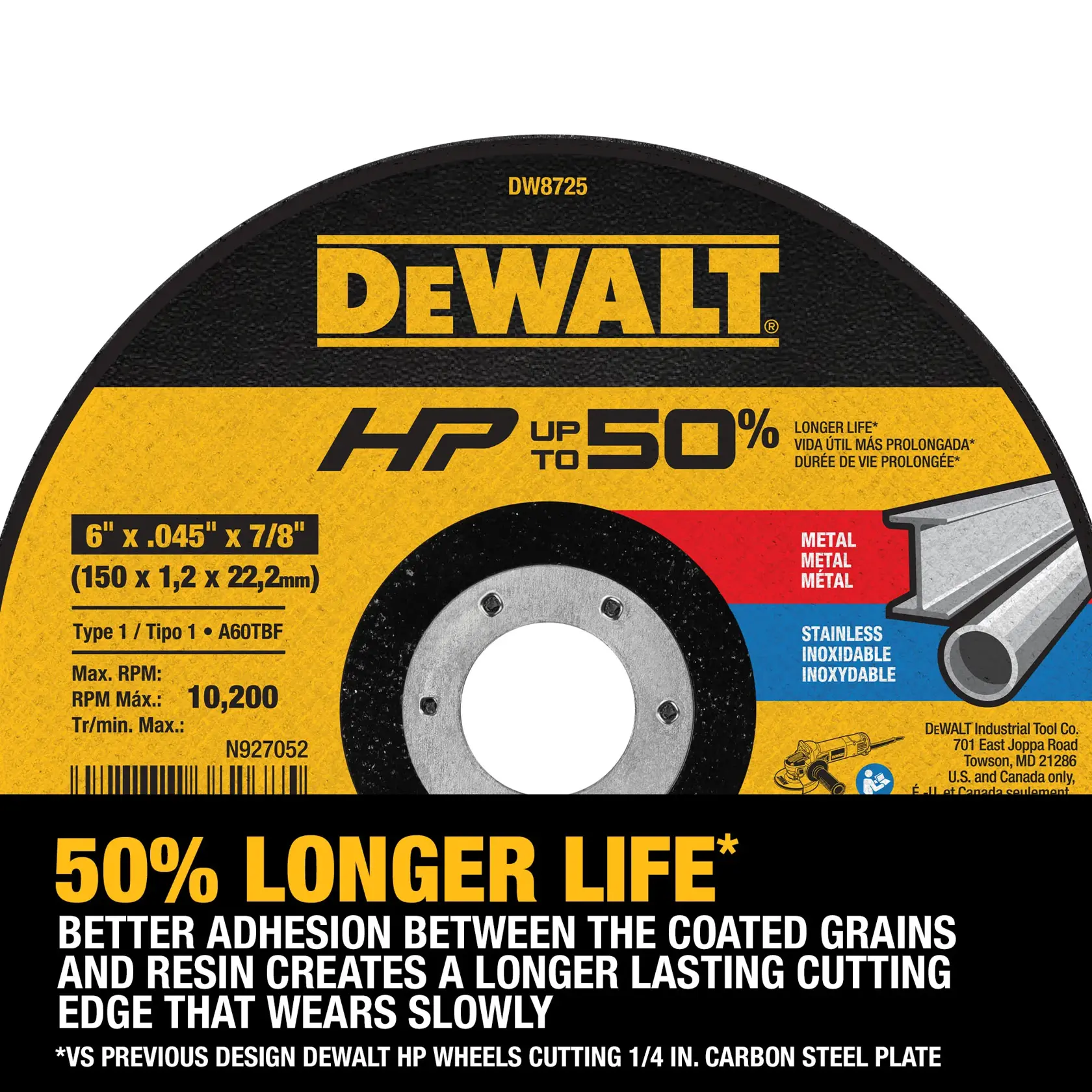 DEWALT DW8725 6-inch cutting wheel for metal and stainless steel, featuring up to 50% longer life. The wheel displays product details including size, maximum RPM, and benefits such as better adhesion and longer-lasting cutting edge.