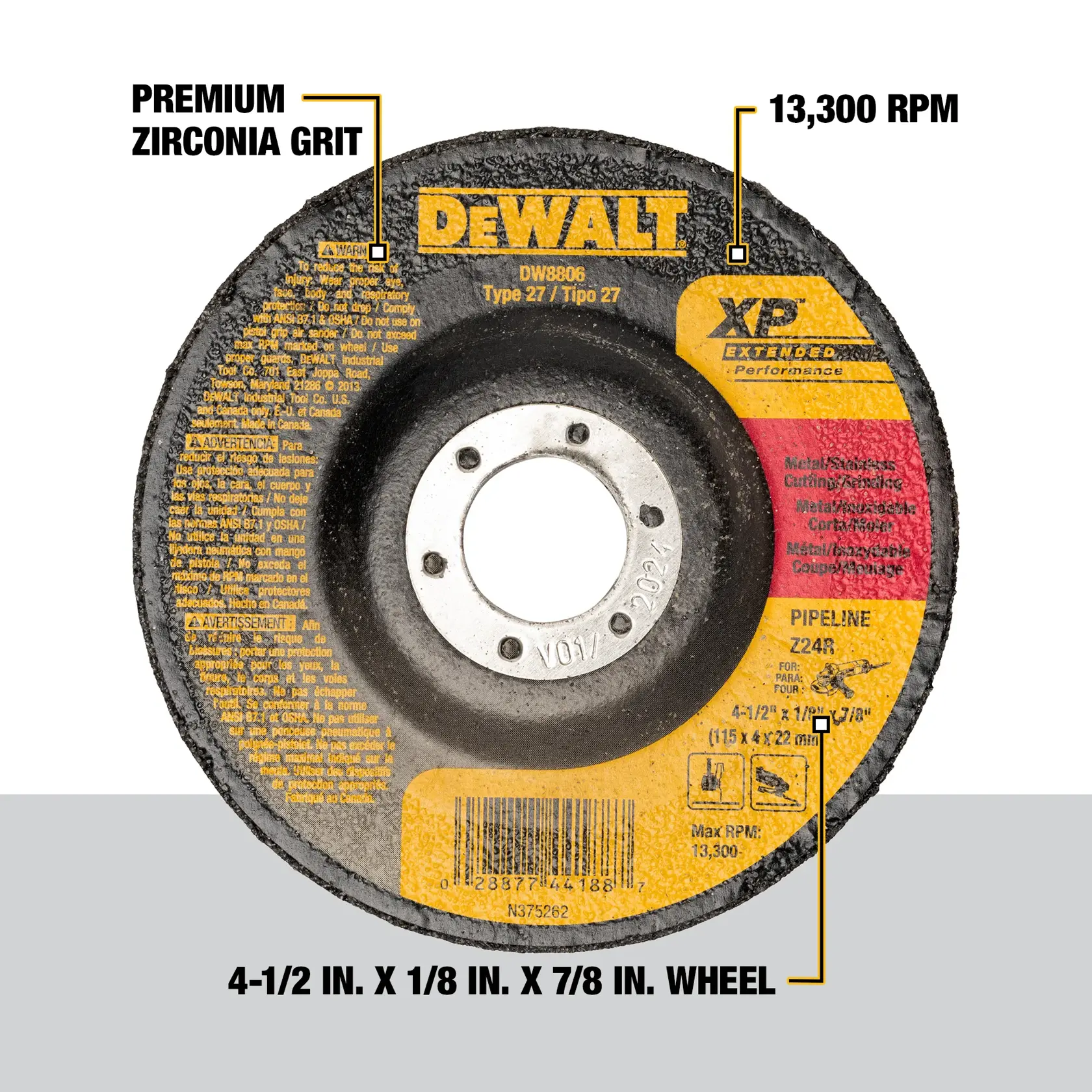 XP™ 4-1/2-In. X 1/8-In. X 7/8-In. T27 Zirconia Metal Grinding Wheel