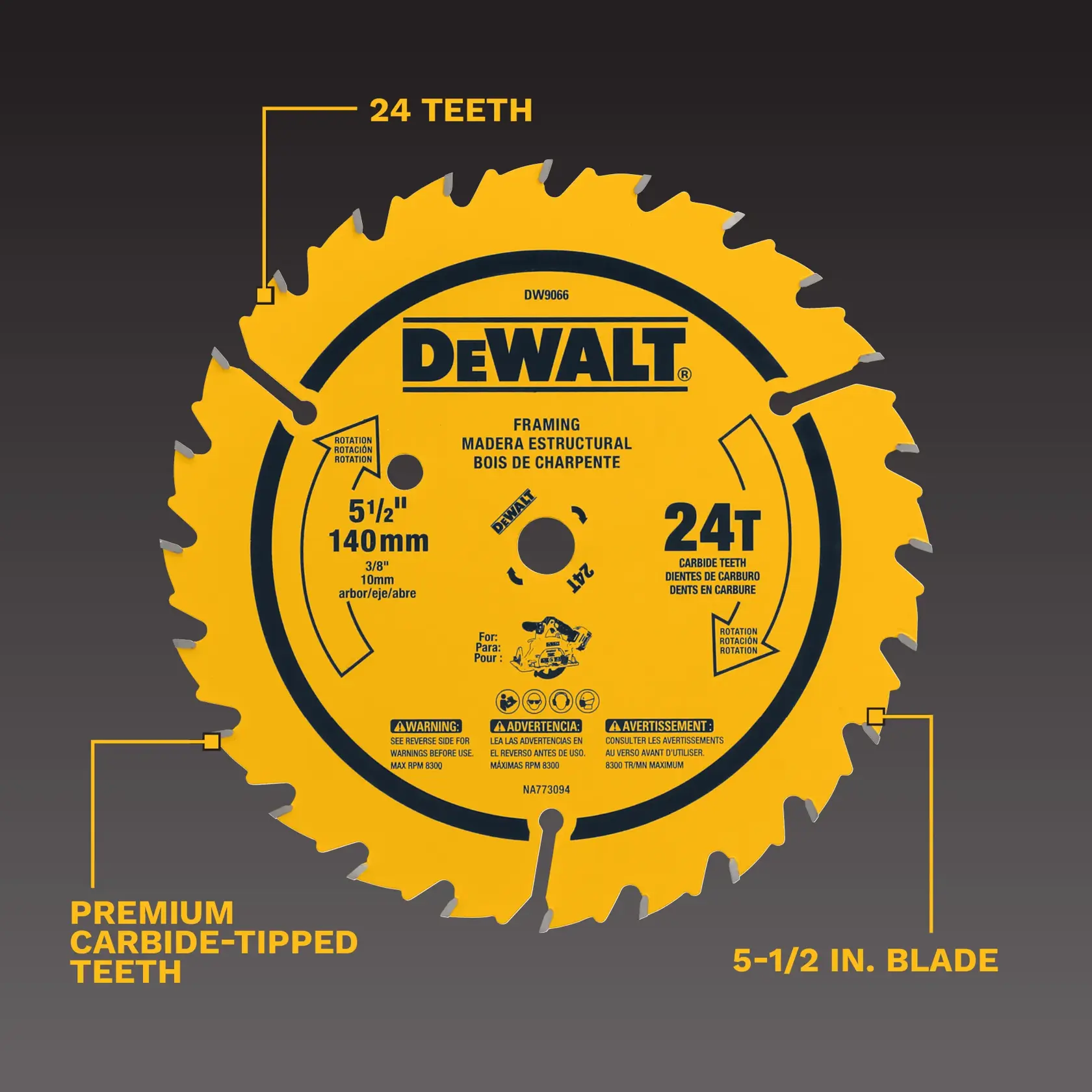 DEWALT framing saw blade, SKU DW9066, shown in yellow with black text and features highlighted. The blade is 5-1/2 inches (140mm) in diameter, has 24 carbide-tipped teeth, and is designed for structural wood cutting.