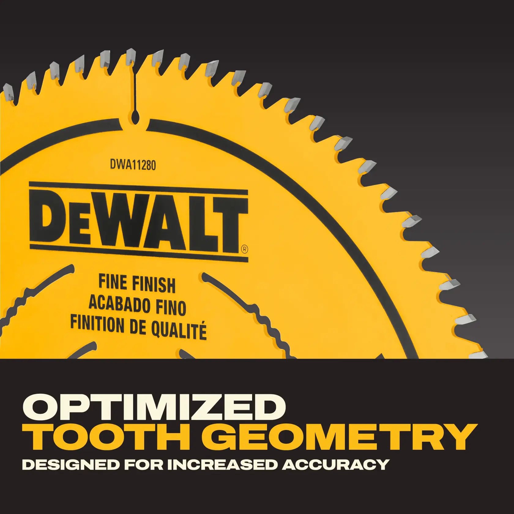 A person using a DEWALT miter saw to cut a piece of wood inside a workshop. The person’s face is blurred and they are wearing a plaid shirt and a cap. The saw is yellow and silver, with a vacuum hose attached.