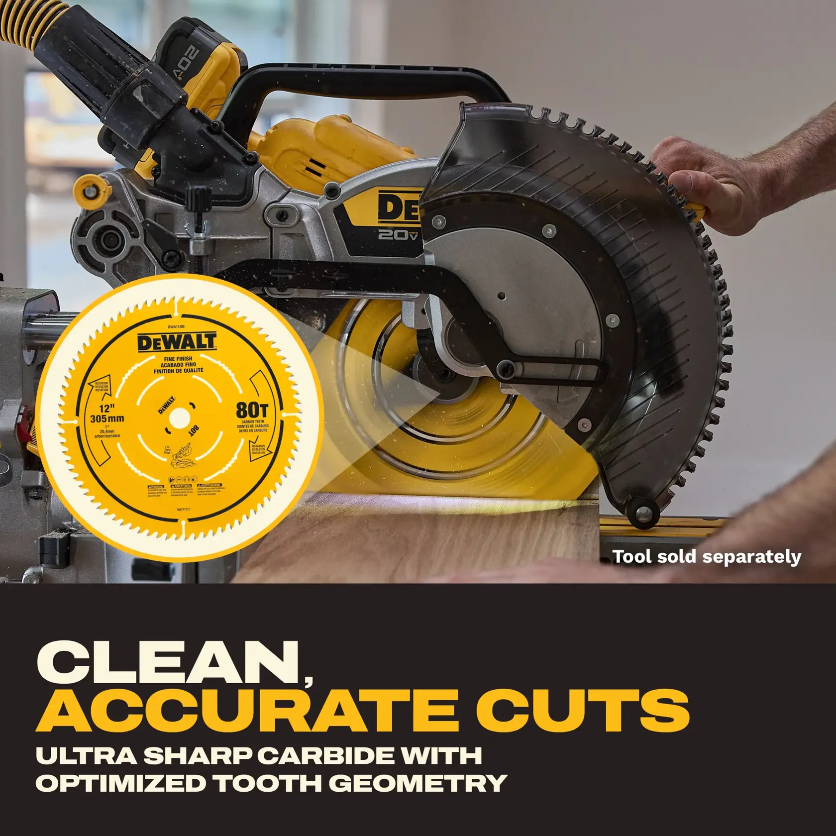A person using a DEWALT miter saw to cut a piece of wood indoors. The individual is wearing a plaid shirt, a black cap, and a tool belt. The saw is connected to a yellow vacuum hose for dust collection. There are windows and a staircase visible in the background.