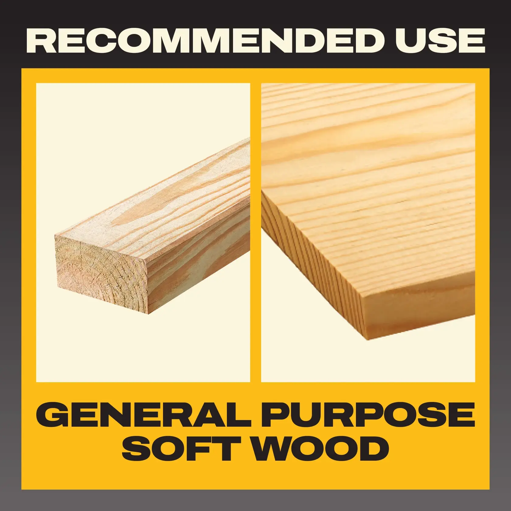 Product graphic comparing saw blade teeth count for DEWALT blades. On the left, 80 teeth for trim/miter cuts (DWA11280) with an image of a detailed wood molding. On the right, 40 teeth for ripping (DWA11240) with an image of a cut wood board. The graphic has yellow and black colors with the text 'TEETH COUNT' at the top.