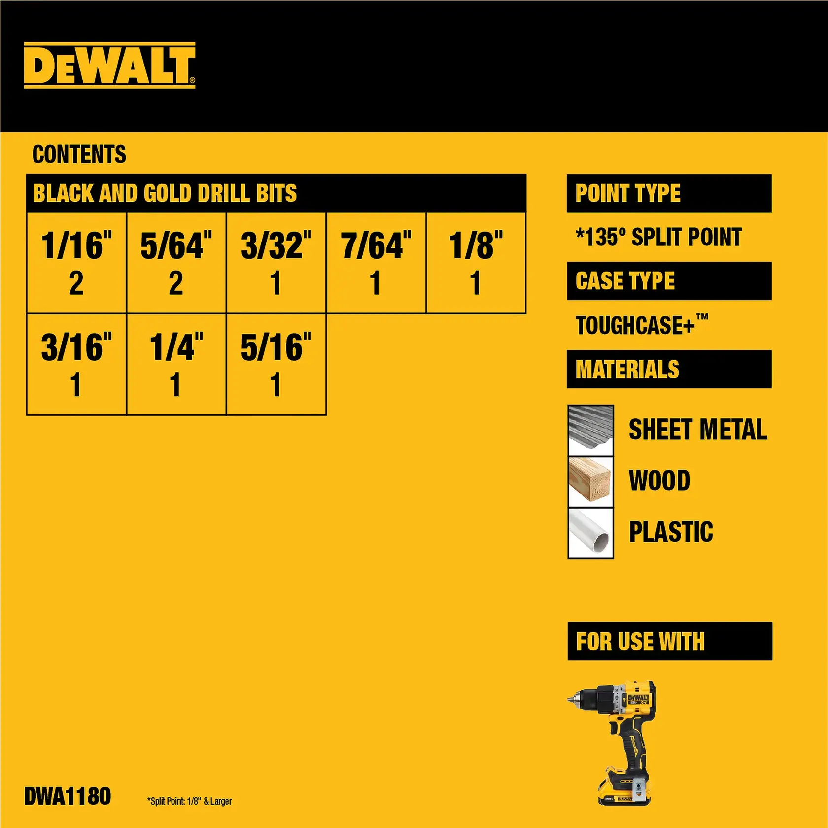 DEWALT DWA1180 drill bit set packaging showing contents of black and gold drill bits in various sizes. Lists sizes as 1/16 inch (2), 5/64 inch (2), 3/32 inch (1), 7/64 inch (1), 1/8 inch (1), 3/16 inch (1), 1/4 inch (1), and 5/16 inch (1). Notes point type as 135-degree split point and case type as ToughCase+. Suitable for sheet metal, wood, and plastic. Shows image of a drill for use with the bits.