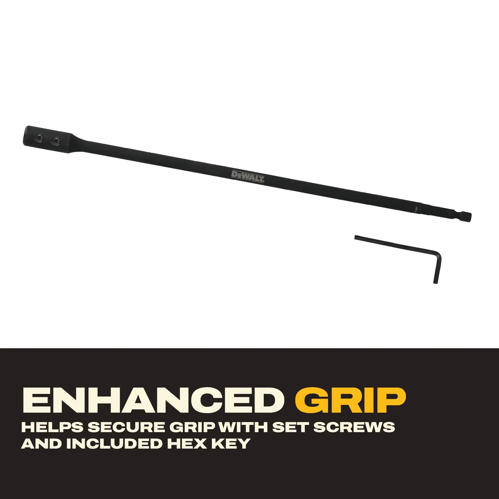 DEWALT extension tool and included hex key are shown above promotional text stating 'ENHANCED GRIP helps secure grip with set screws and included hex key.' The extension tool is black with set screw holes and DEWALT logo.