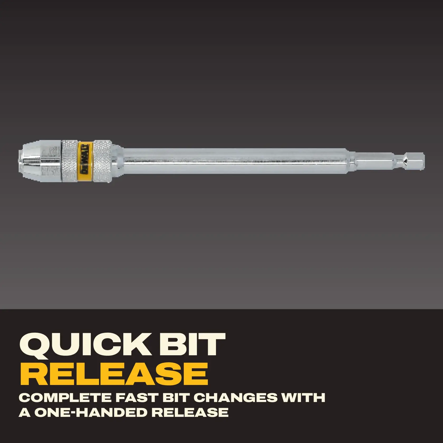 DEWALT quick bit release extension tool shown against a dark background. Promotional text highlights 'Quick bit release' and 'Complete fast bit changes with a one-handed release' in large, bold fonts.