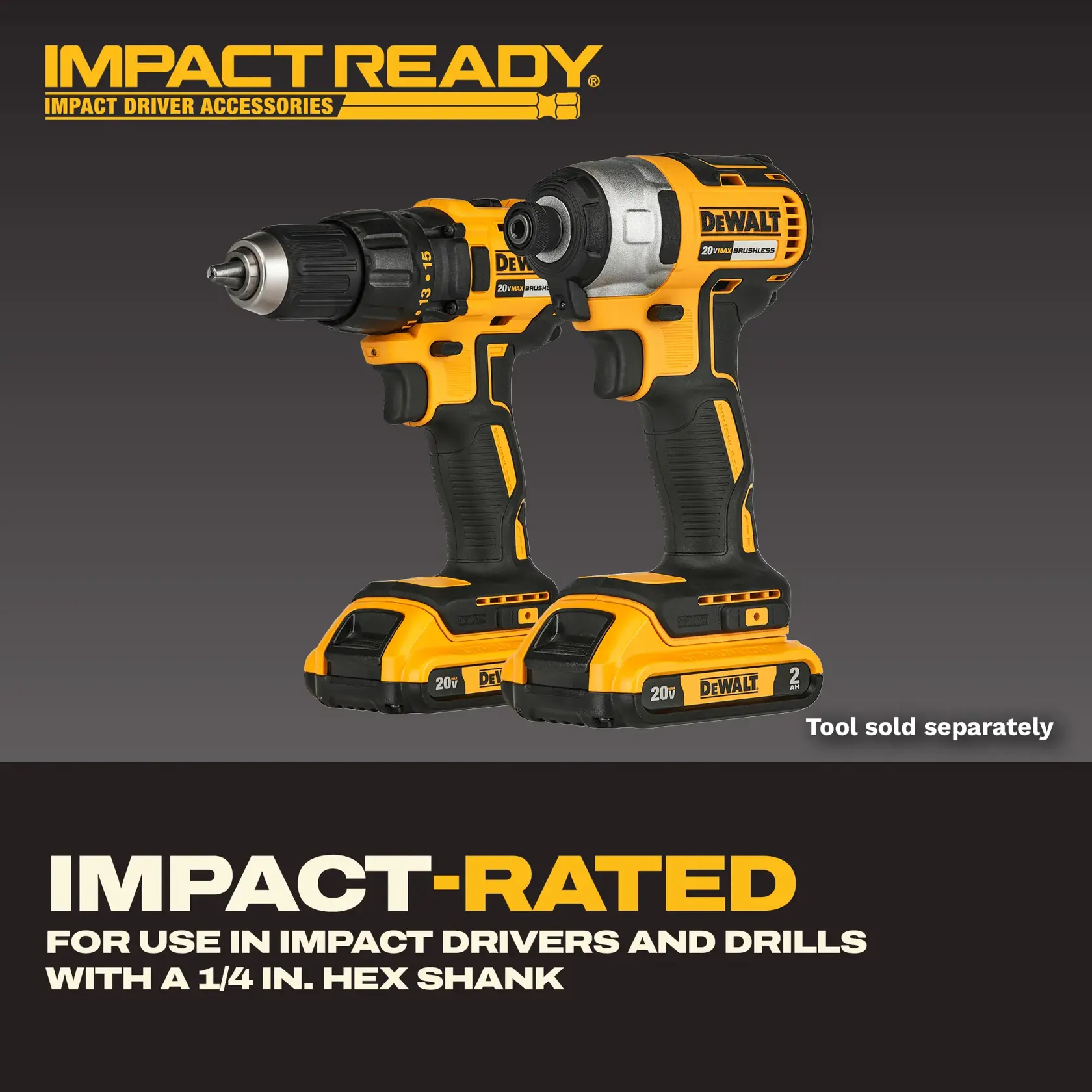 Image shows two DEWALT 20V impact driver and drill tools on a gradient background. Above the tools is the text 'IMPACT READY Impact Driver Accessories.' Below, bold text reads 'IMPACT-RATED For use in impact drivers and drills with a 1/4 in. hex shank.' A note states that the tools are sold separately.